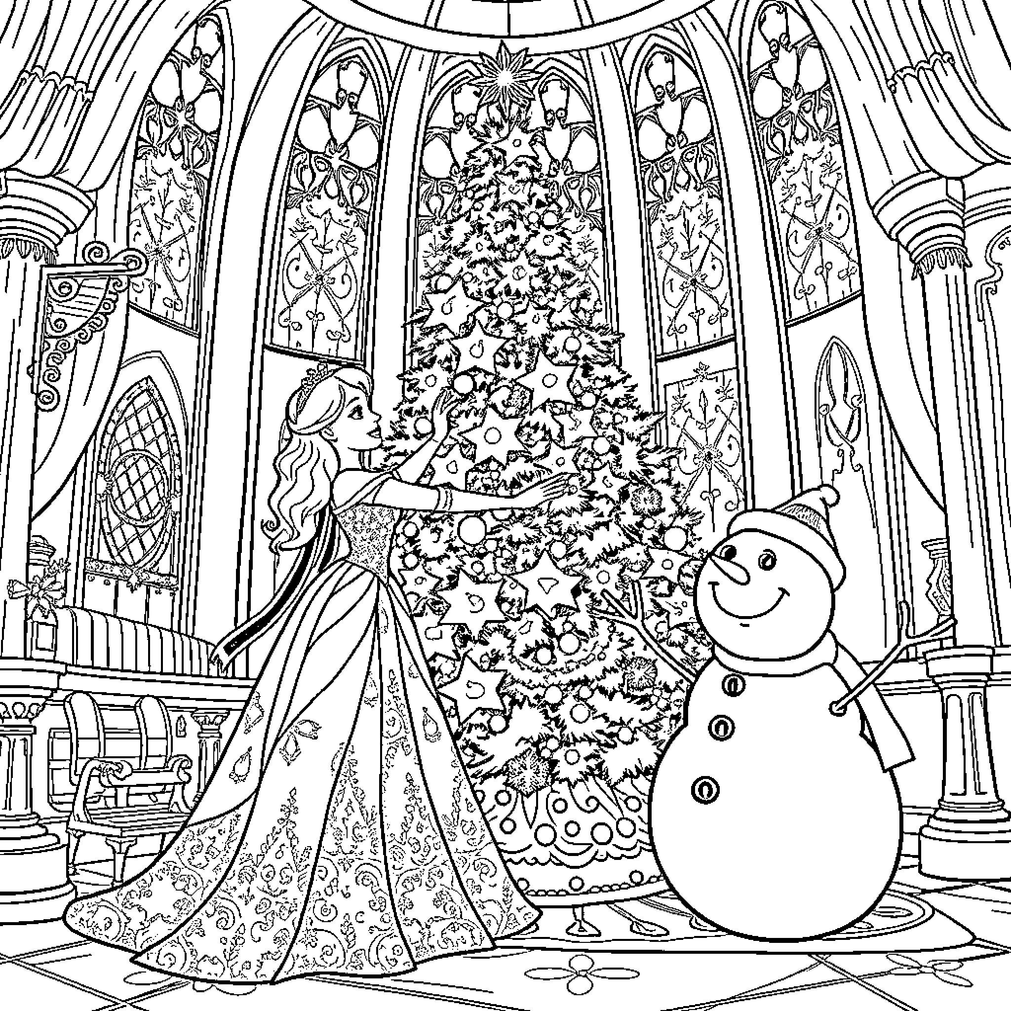 Princess Decorating the Christmas Tree with a Snowman Coloring Page (free black-and-white line drawing printable PDF for all, from beginners to advanced learners, including children, teens, adults, and seniors)