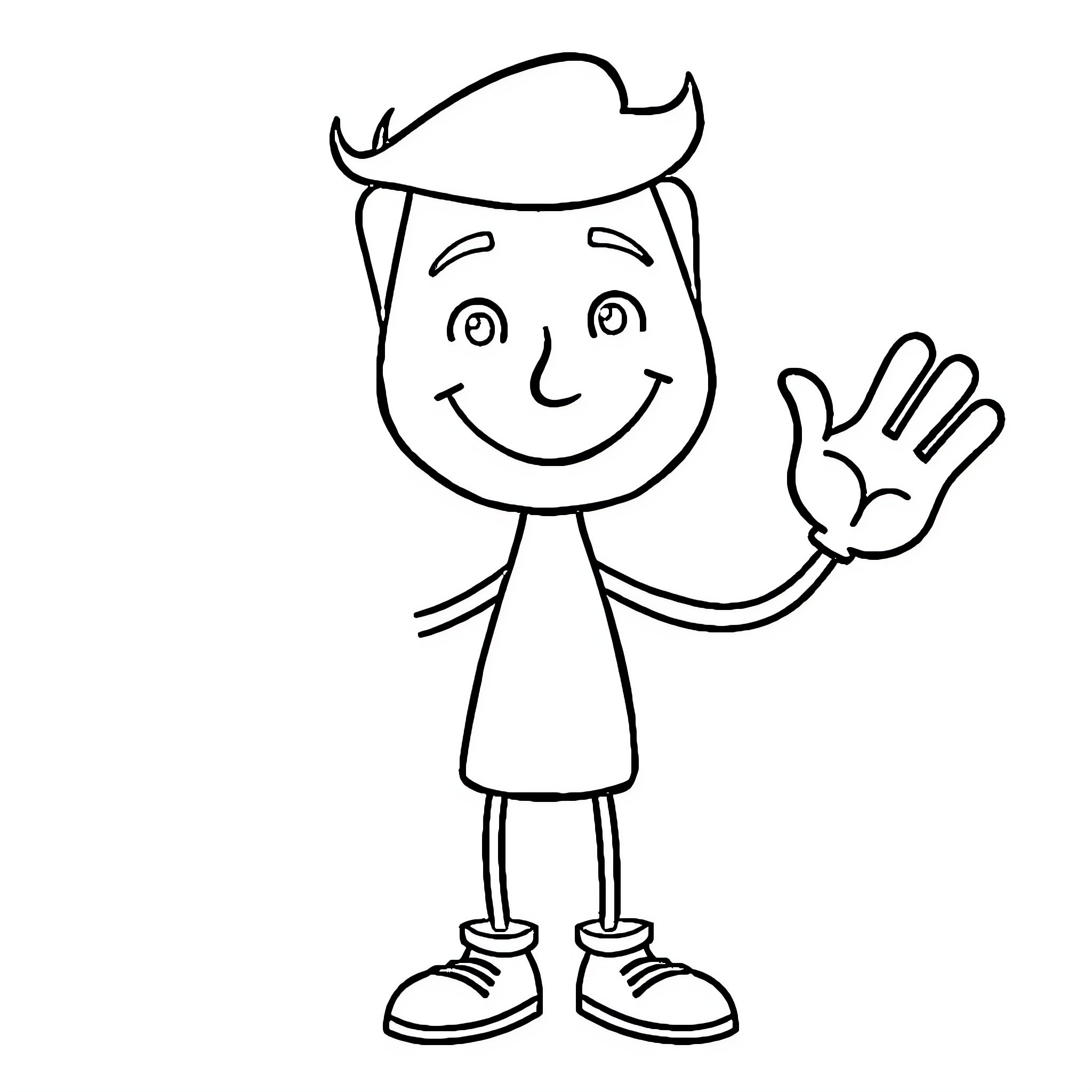 Human cartoon character waving and smiling Coloring Page (free black-and-white line drawing printable PDF for all, from beginners to advanced learners, including children, teens, adults, and seniors)