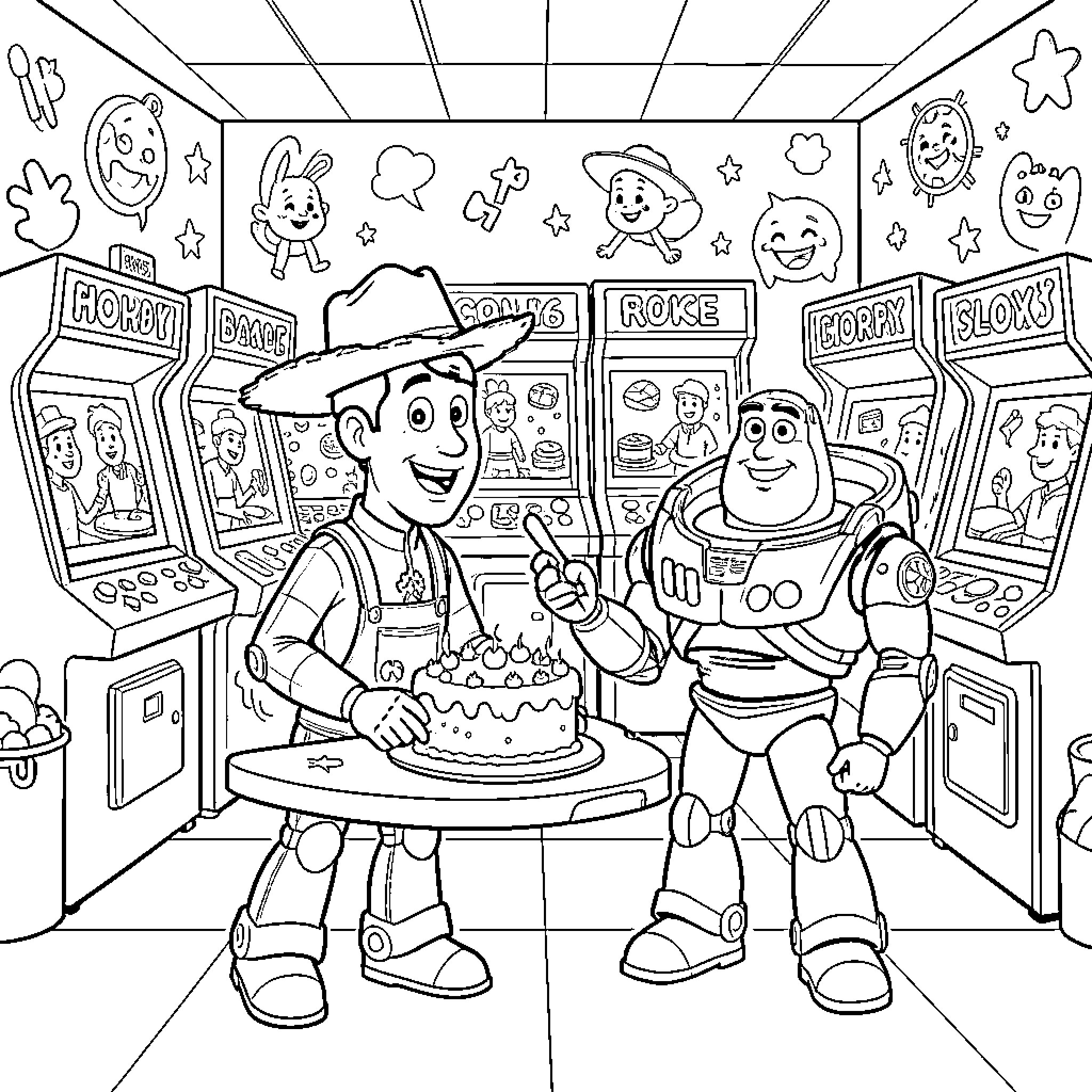 Woody and Buzz sharing a birthday cake together Coloring Page (free black-and-white line drawing printable PDF for all, from beginners to advanced learners, including children, teens, adults, and seniors)