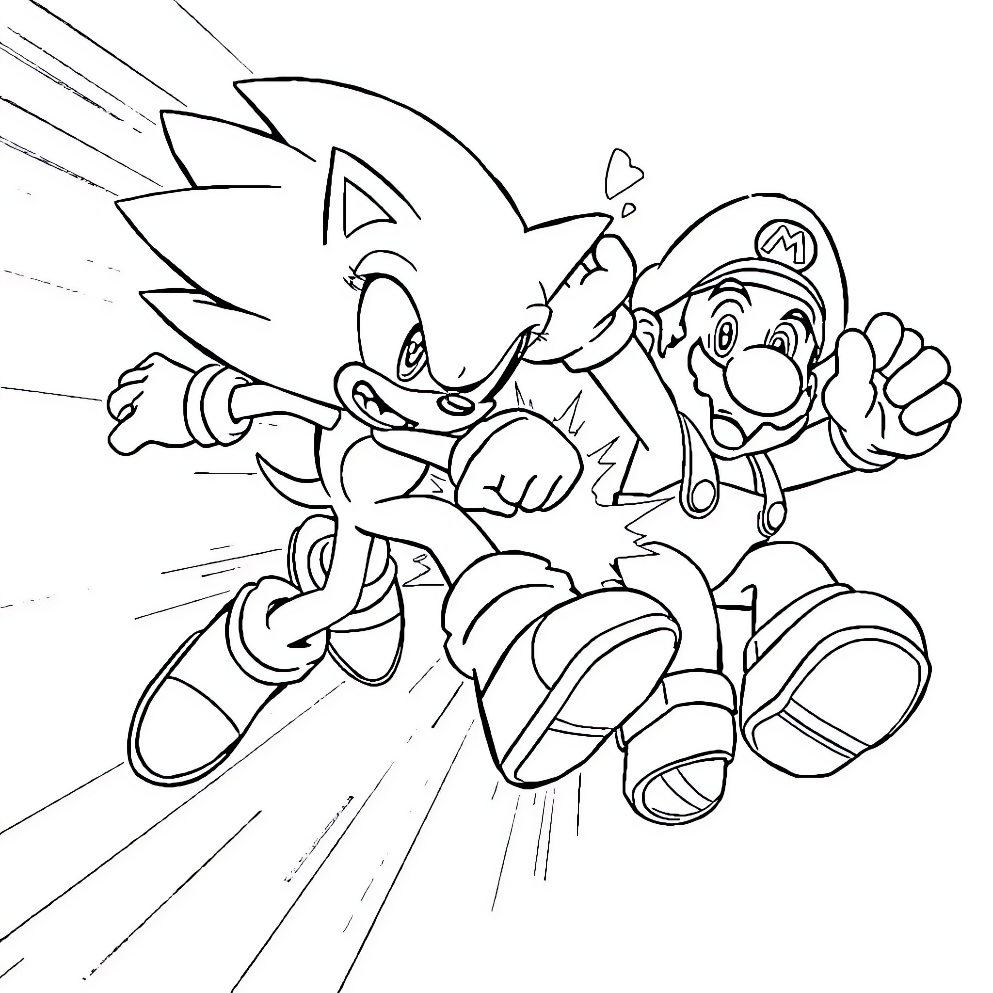 Sonic and Mario racing excitedly Coloring Page (free black-and-white line drawing printable PDF for all, from beginners to advanced learners, including children, teens, adults, and seniors)
