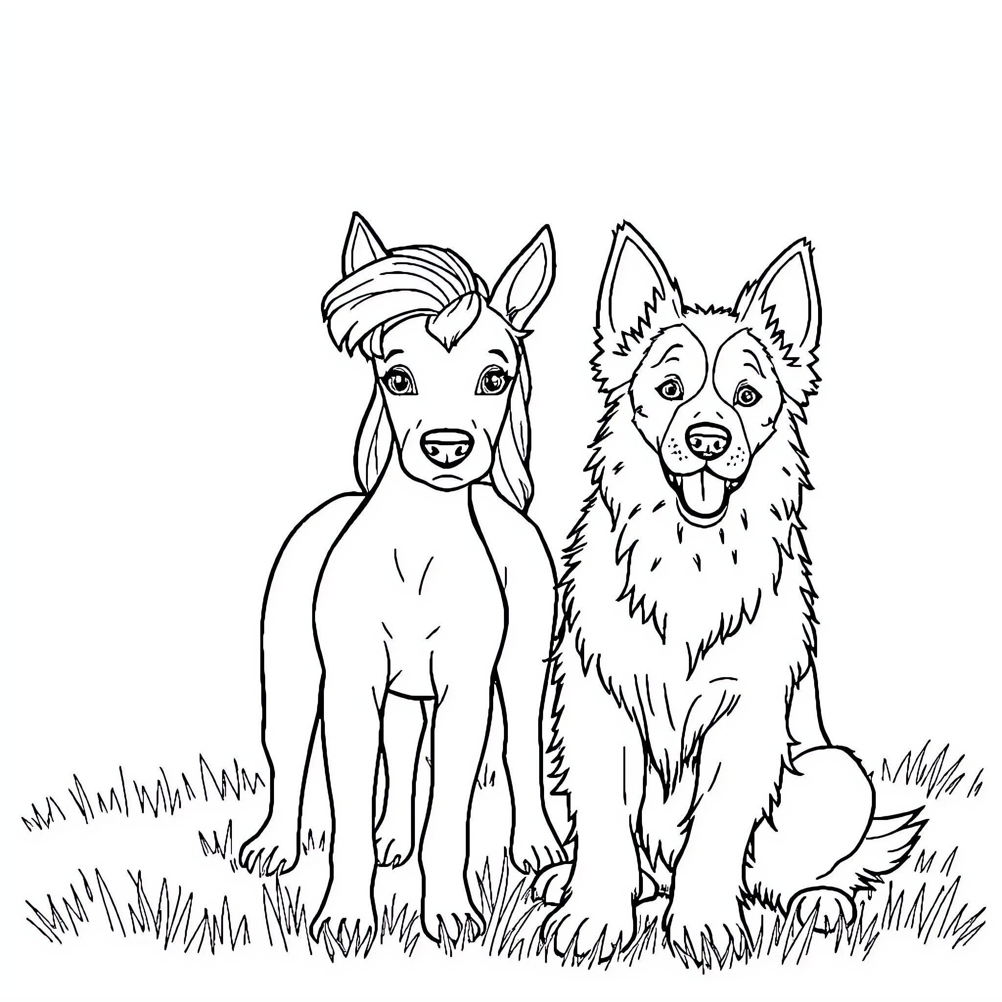 Child with Playful Dogs in Nature Coloring Page (free black-and-white line drawing printable PDF for all, from beginners to advanced learners, including children, teens, adults, and seniors)