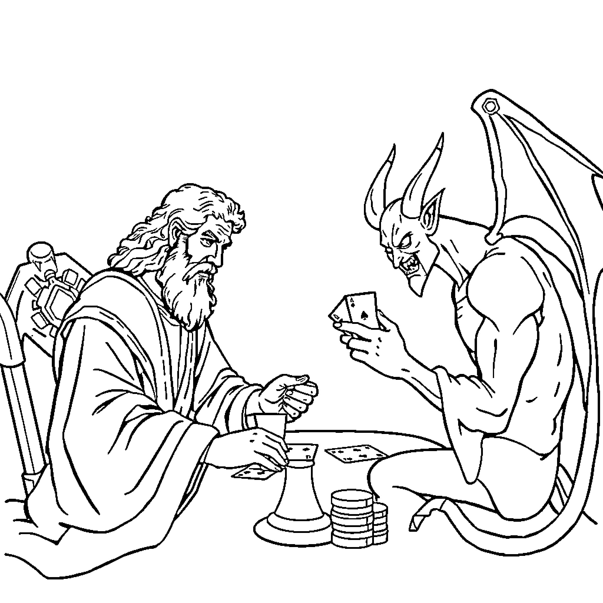 God and Demon Playing Cards in Tavern Coloring Page (free black-and-white line drawing printable PDF for all, from beginners to advanced learners, including children, teens, adults, and seniors)