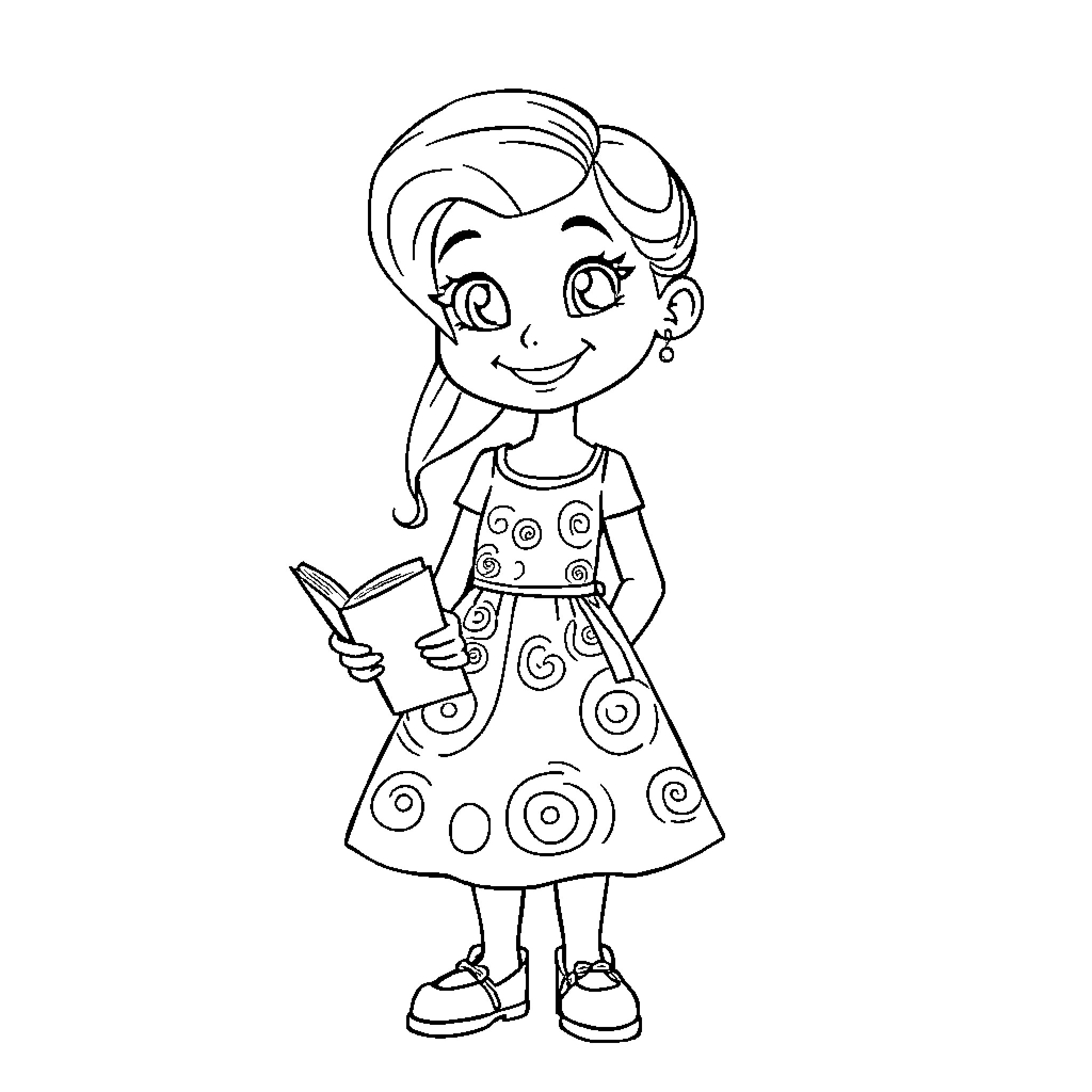 Zoey's Curious Adventure with a Book Coloring Page (free black-and-white line drawing printable PDF for all, from beginners to advanced learners, including children, teens, adults, and seniors)