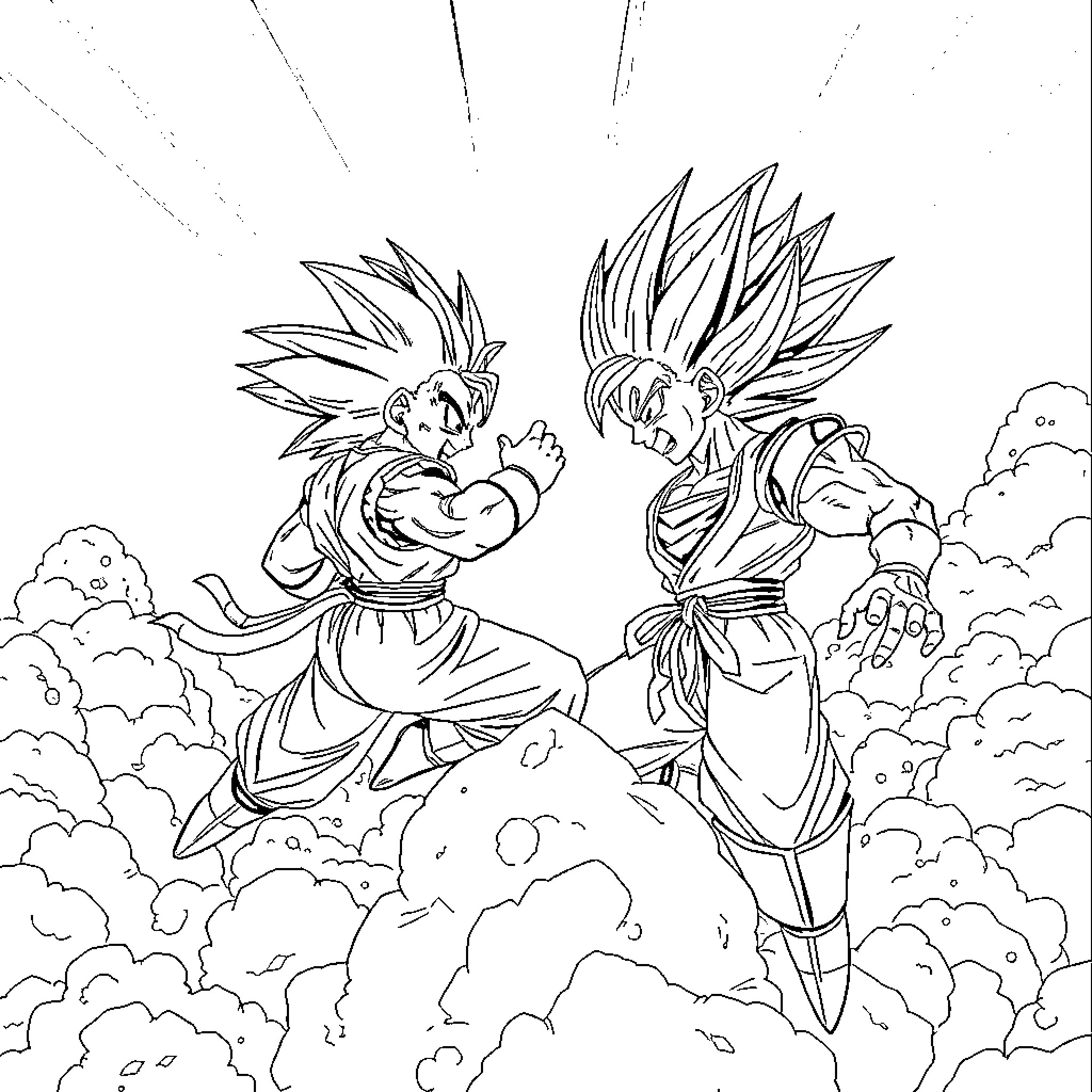 Goku's intense battle with another powerful warrior Coloring Page (free black-and-white line drawing printable PDF for all, from beginners to advanced learners, including children, teens, adults, and seniors)