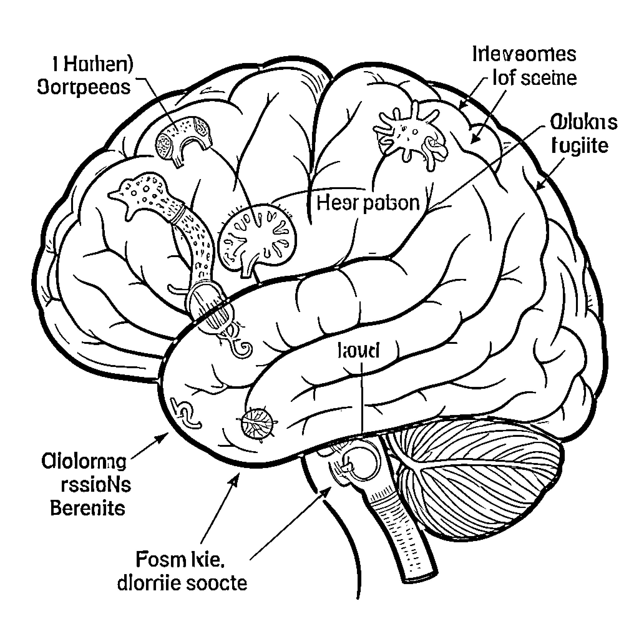 Human Brain with various anatomical and descriptive labels Coloring Page (free black-and-white line drawing printable PDF for all, from beginners to advanced learners, including children, teens, adults, and seniors)
