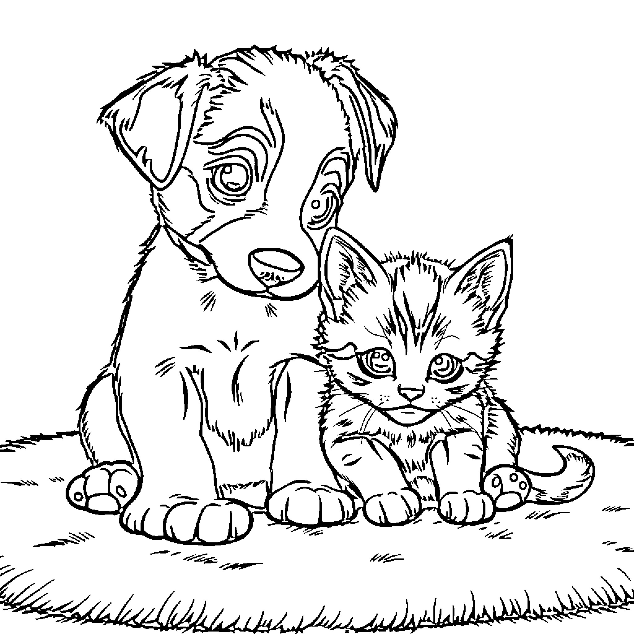 Puppy and Kitten Cuddling Outdoors Coloring Page (free black-and-white line drawing printable PDF for all, from beginners to advanced learners, including children, teens, adults, and seniors)