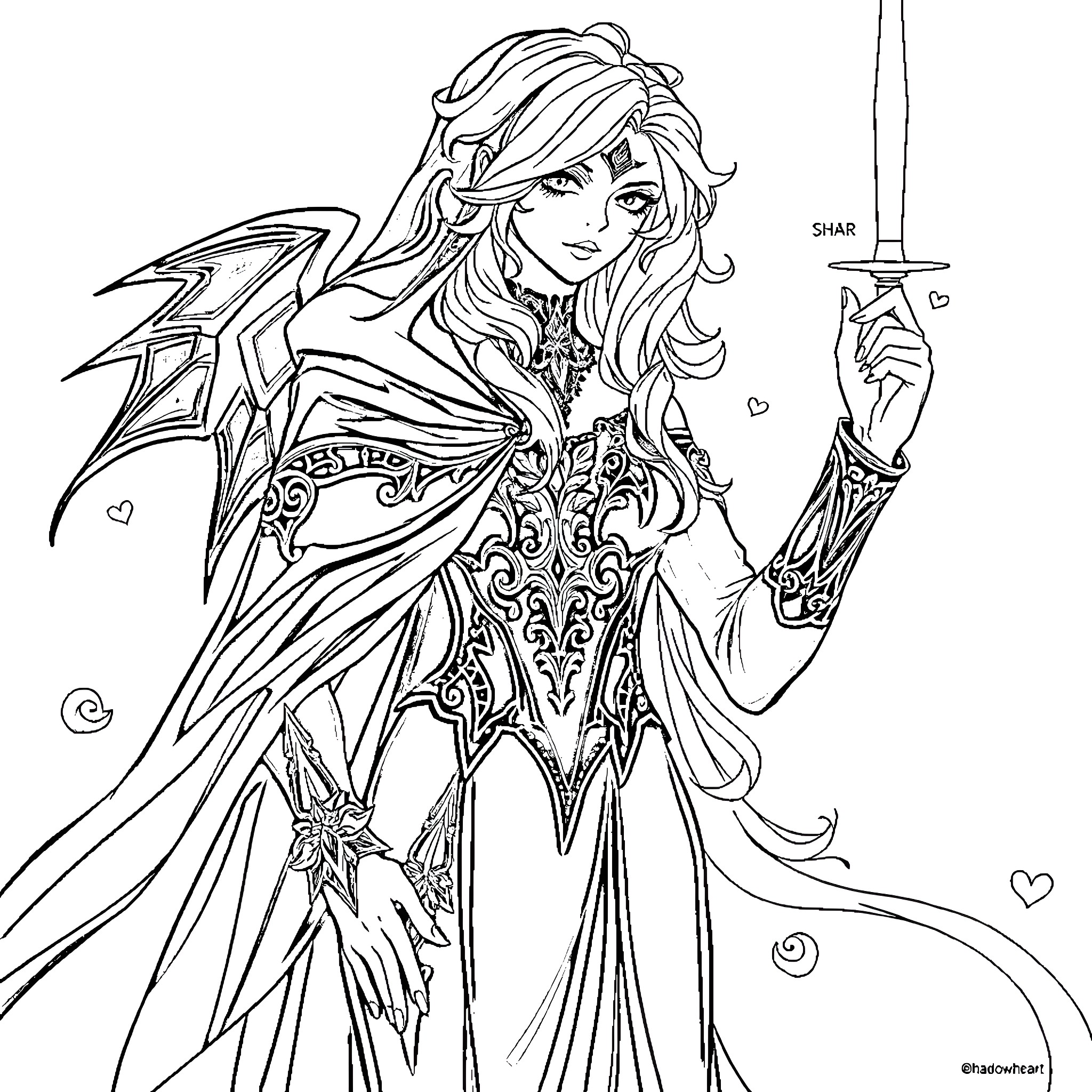 Shadowheart: Warrior Princess in Ornate Attire Coloring Page (free black-and-white line drawing printable PDF for all, from beginners to advanced learners, including children, teens, adults, and seniors)