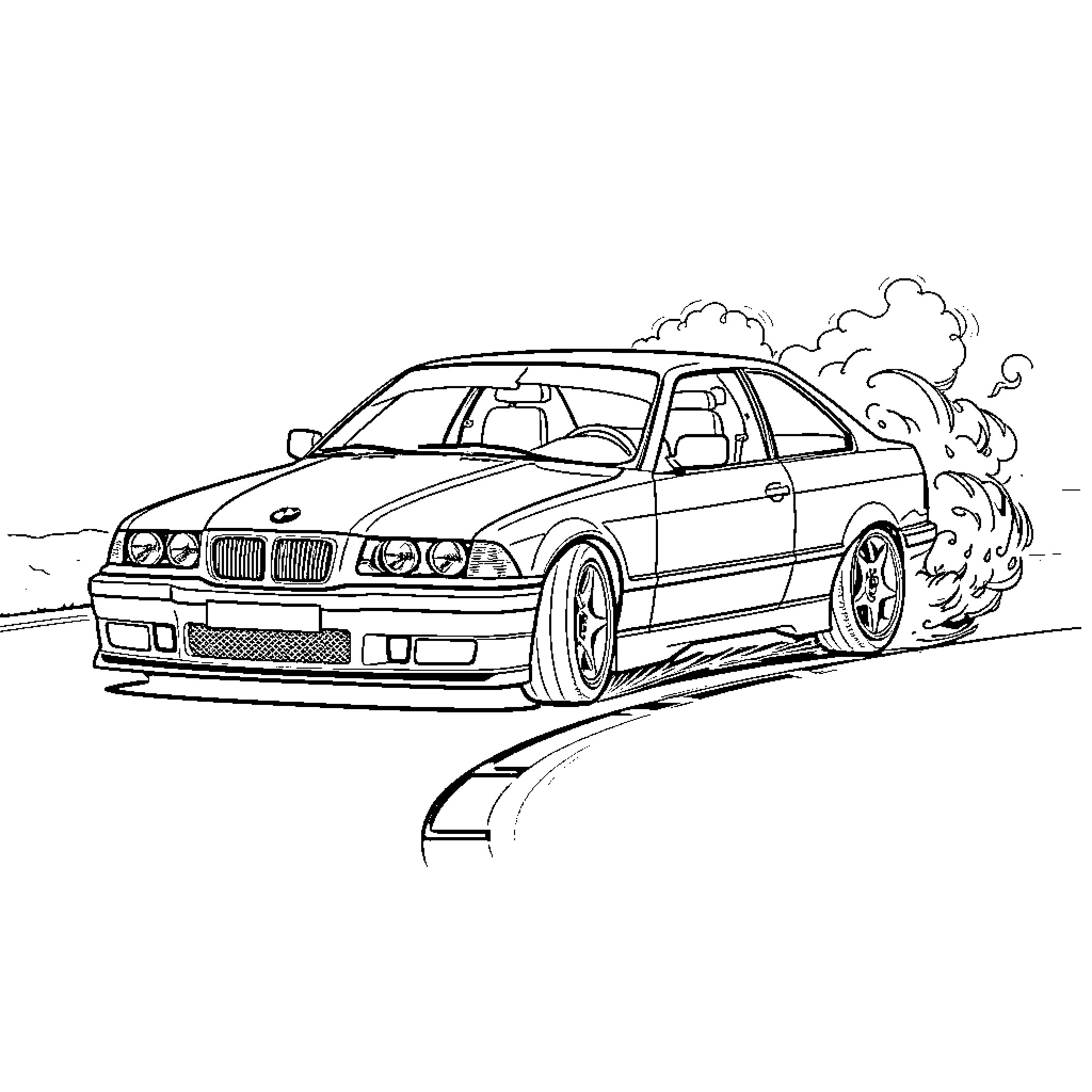 BMW Speeding Coupe on Winding Road Coloring Page (free black-and-white line drawing printable PDF for all, from beginners to advanced learners, including children, teens, adults, and seniors)