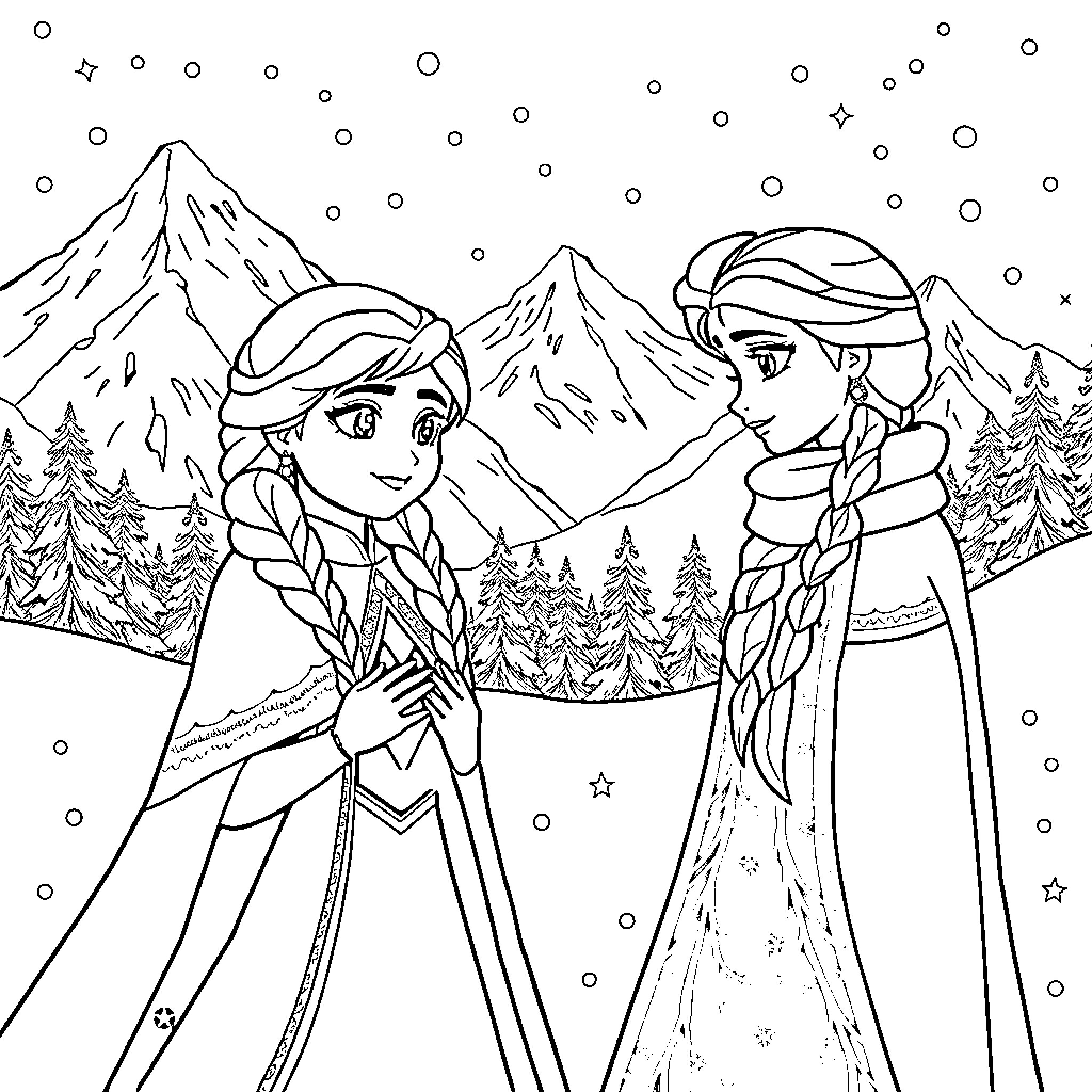 Anna and Elsa enjoying the snowy mountains Coloring Page (free black-and-white line drawing printable PDF for all, from beginners to advanced learners, including children, teens, adults, and seniors)
