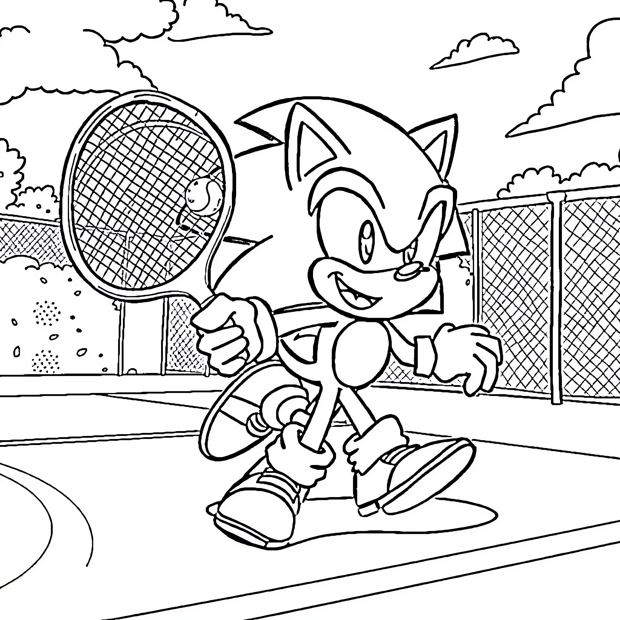 Sonic Enjoying a Game of Tennis Coloring Page (free black-and-white line drawing printable PDF for all, from beginners to advanced learners, including children, teens, adults, and seniors)