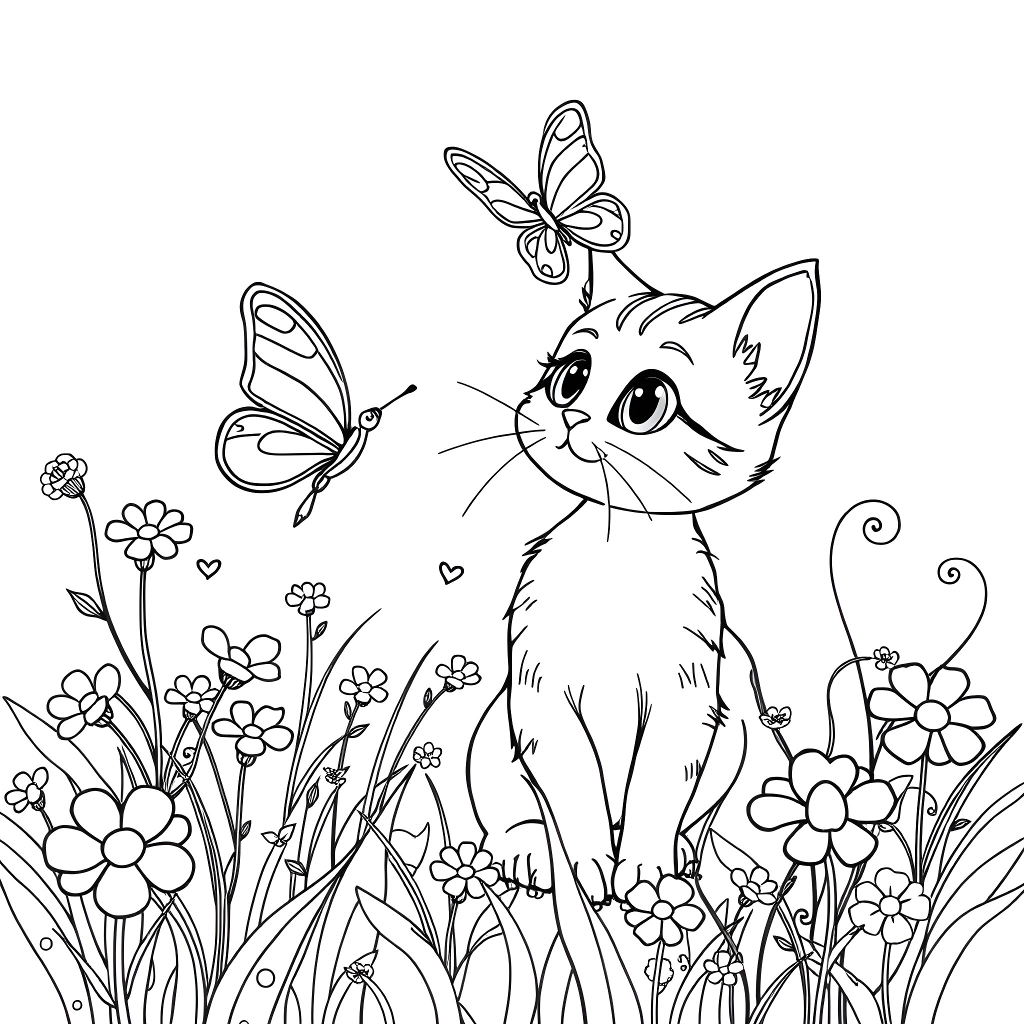 Butterfly and Kitten in Flower Garden Coloring Page (free black-and-white line drawing printable PDF for all, from beginners to advanced learners, including children, teens, adults, and seniors)