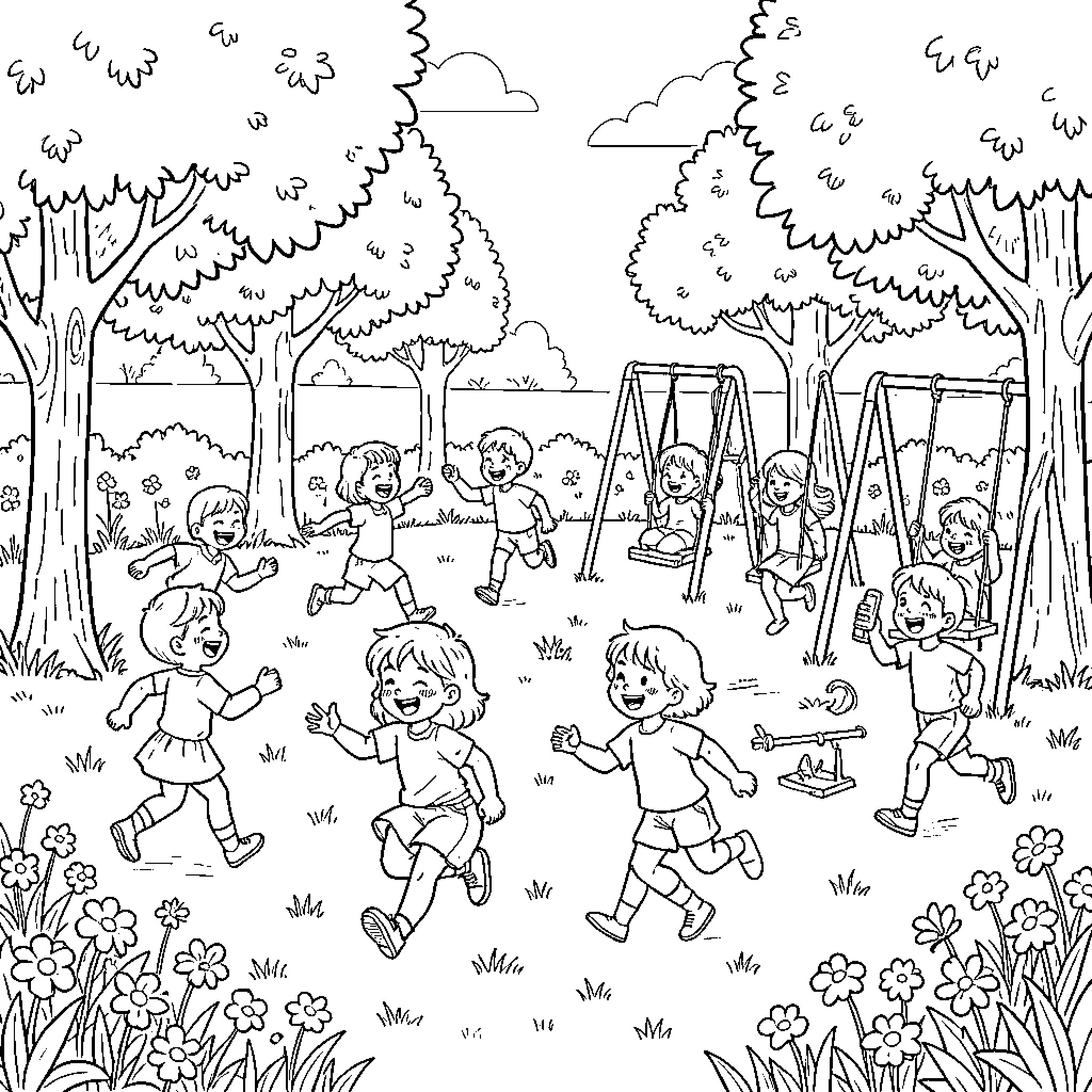 Student children joyfully running and playing in a sunny park Coloring Page (free black-and-white line drawing printable PDF for all, from beginners to advanced learners, including children, teens, adults, and seniors)