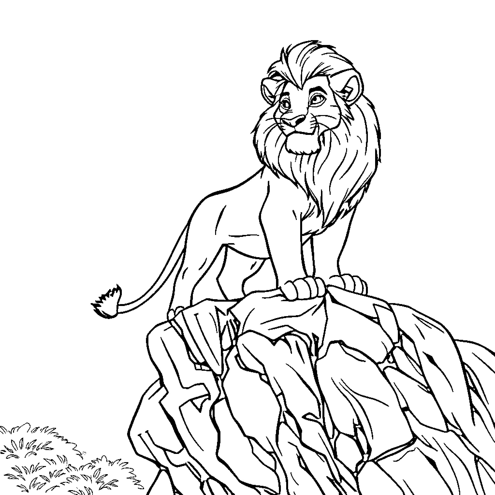 Simba standing proudly on the rocky outcrop Coloring Page (free black-and-white line drawing printable PDF for all, from beginners to advanced learners, including children, teens, adults, and seniors)