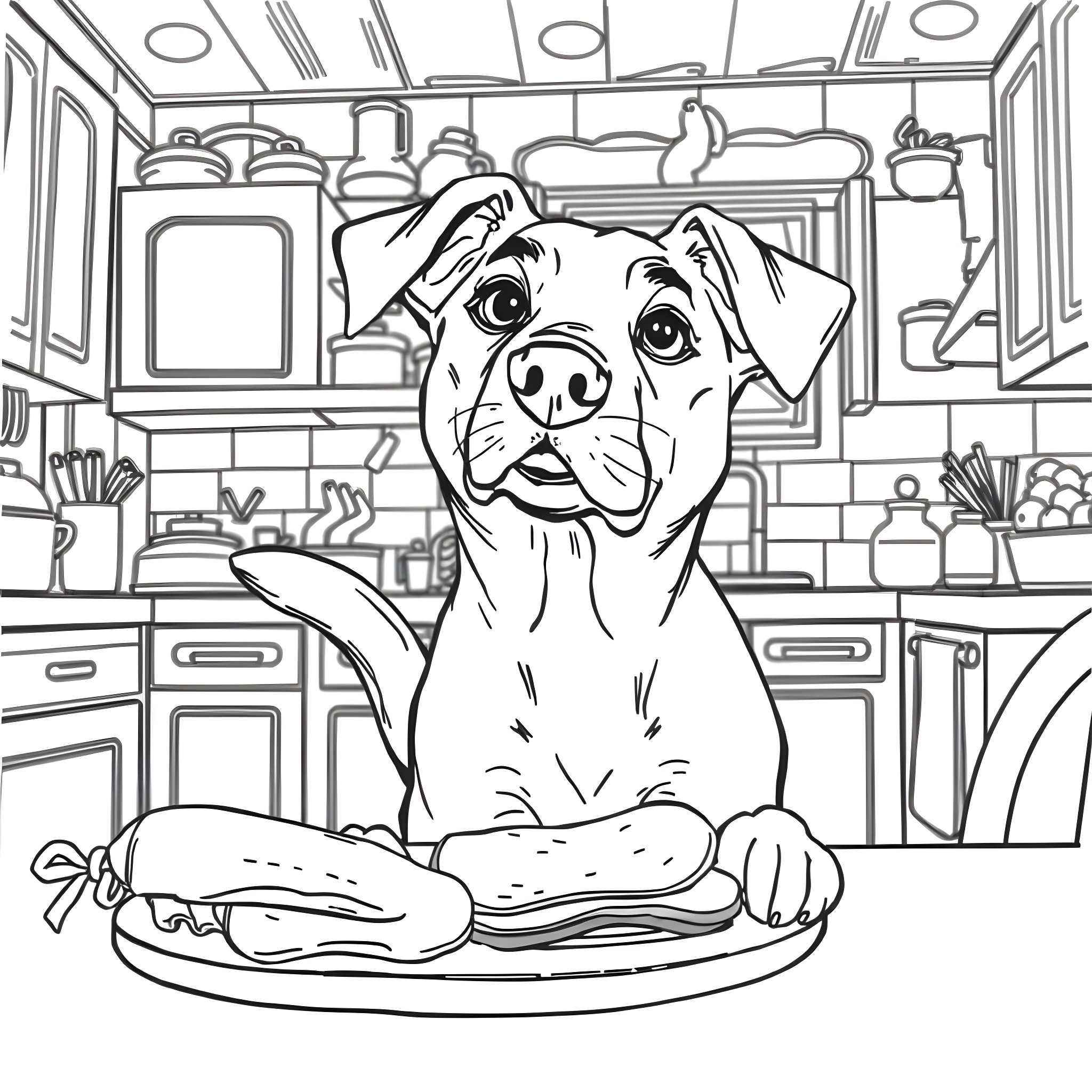 Dog enjoying a tasty treat in the kitchen Coloring Page (free black-and-white line drawing printable PDF for all, from beginners to advanced learners, including children, teens, adults, and seniors)