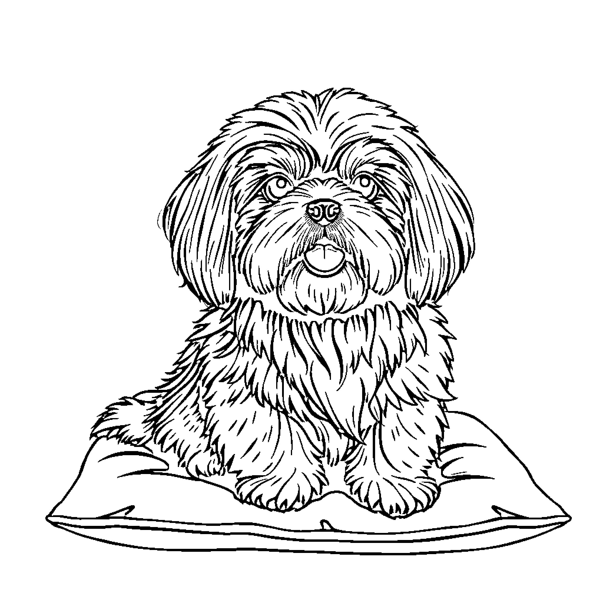 Shih Tzu resting peacefully on a pillow Coloring Page (free black-and-white line drawing printable PDF for all, from beginners to advanced learners, including children, teens, adults, and seniors)