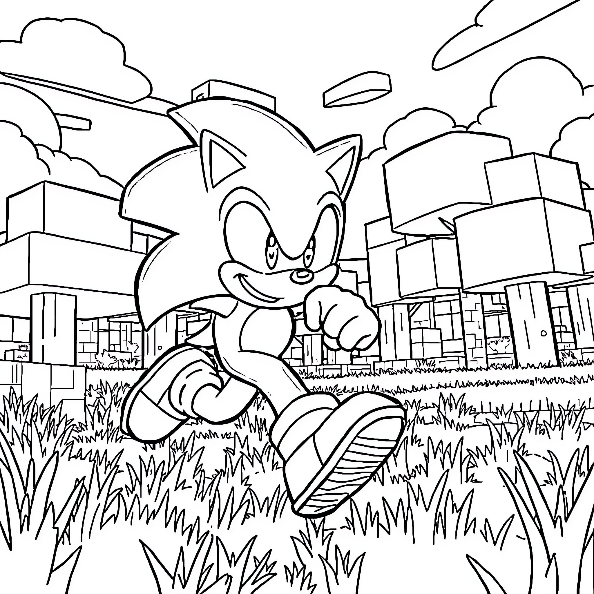Sonic on an urban adventure Coloring Page (free black-and-white line drawing printable PDF for all, from beginners to advanced learners, including children, teens, adults, and seniors)