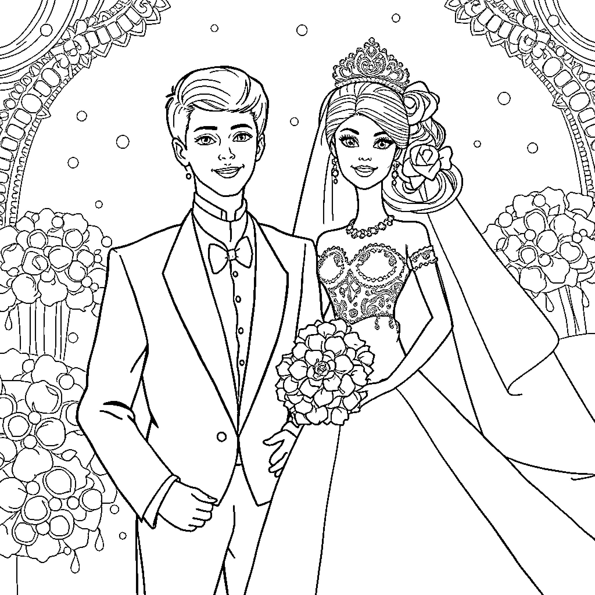 Barbie and Ken's Elegant Wedding Celebration Coloring Page (free black-and-white line drawing printable PDF for all, from beginners to advanced learners, including children, teens, adults, and seniors)