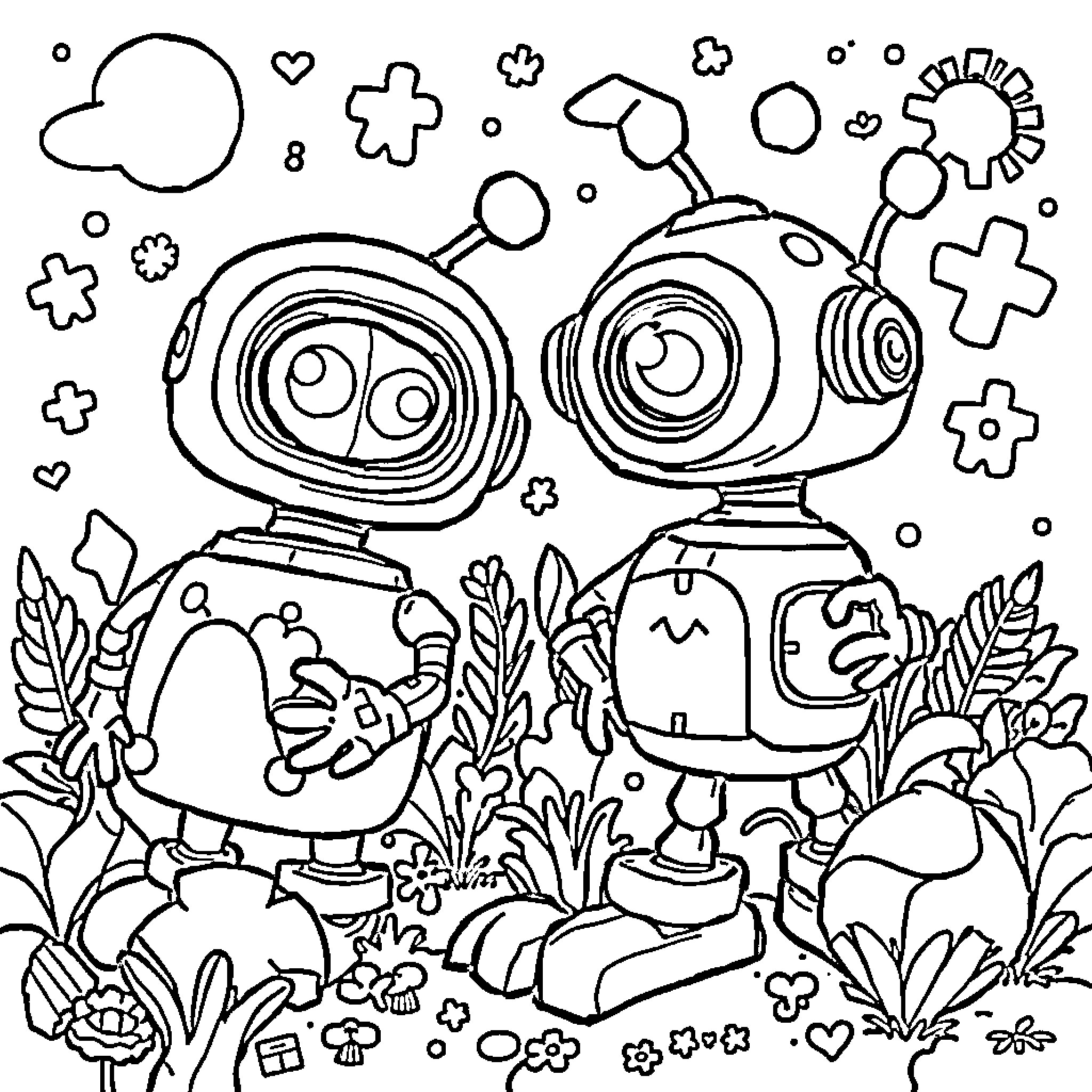 Numbots playing in a whimsical garden Coloring Page (free black-and-white line drawing printable PDF for all, from beginners to advanced learners, including children, teens, adults, and seniors)
