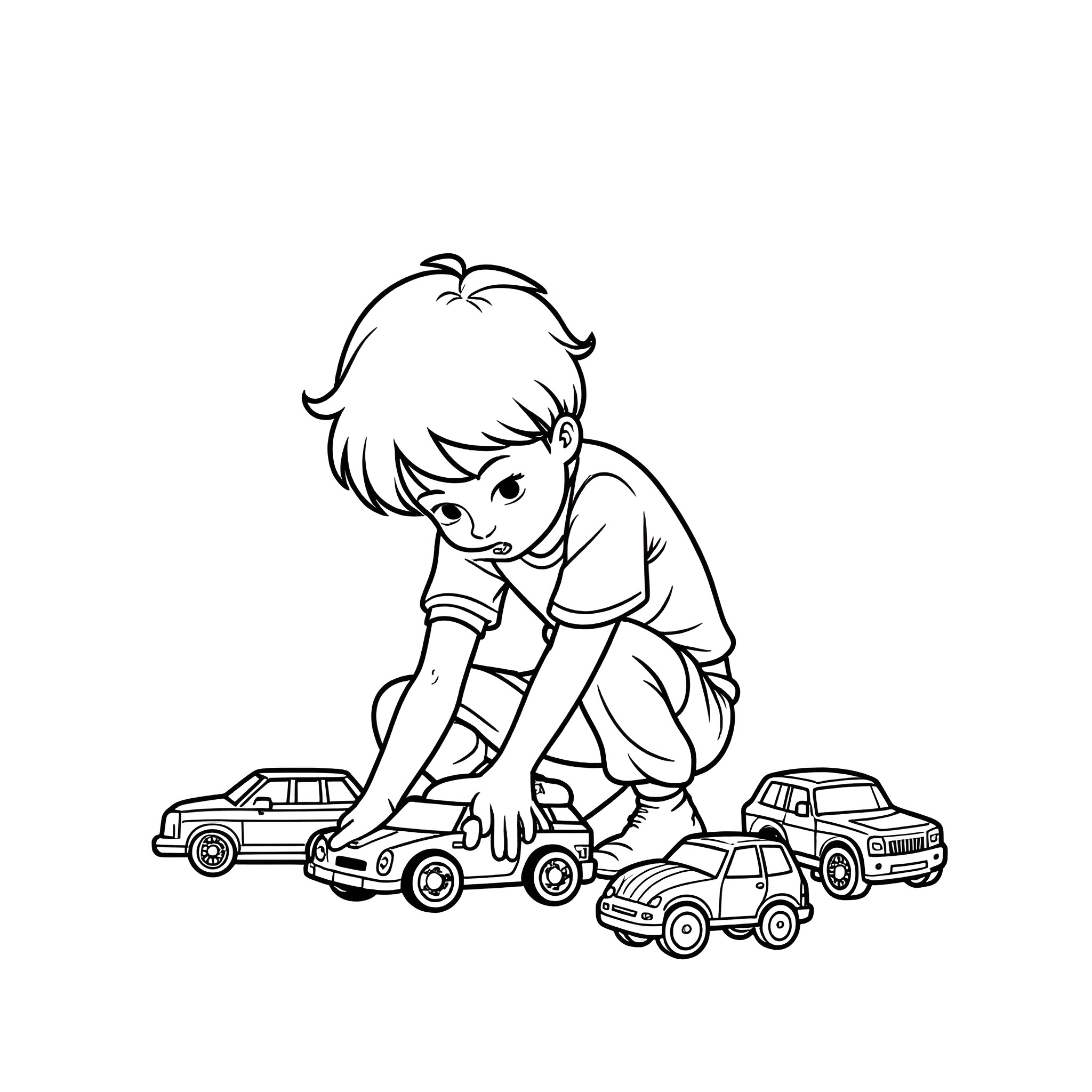 Boy playing with toy cars on the floor Coloring Page (free black-and-white line drawing printable PDF for all, from beginners to advanced learners, including children, teens, adults, and seniors)