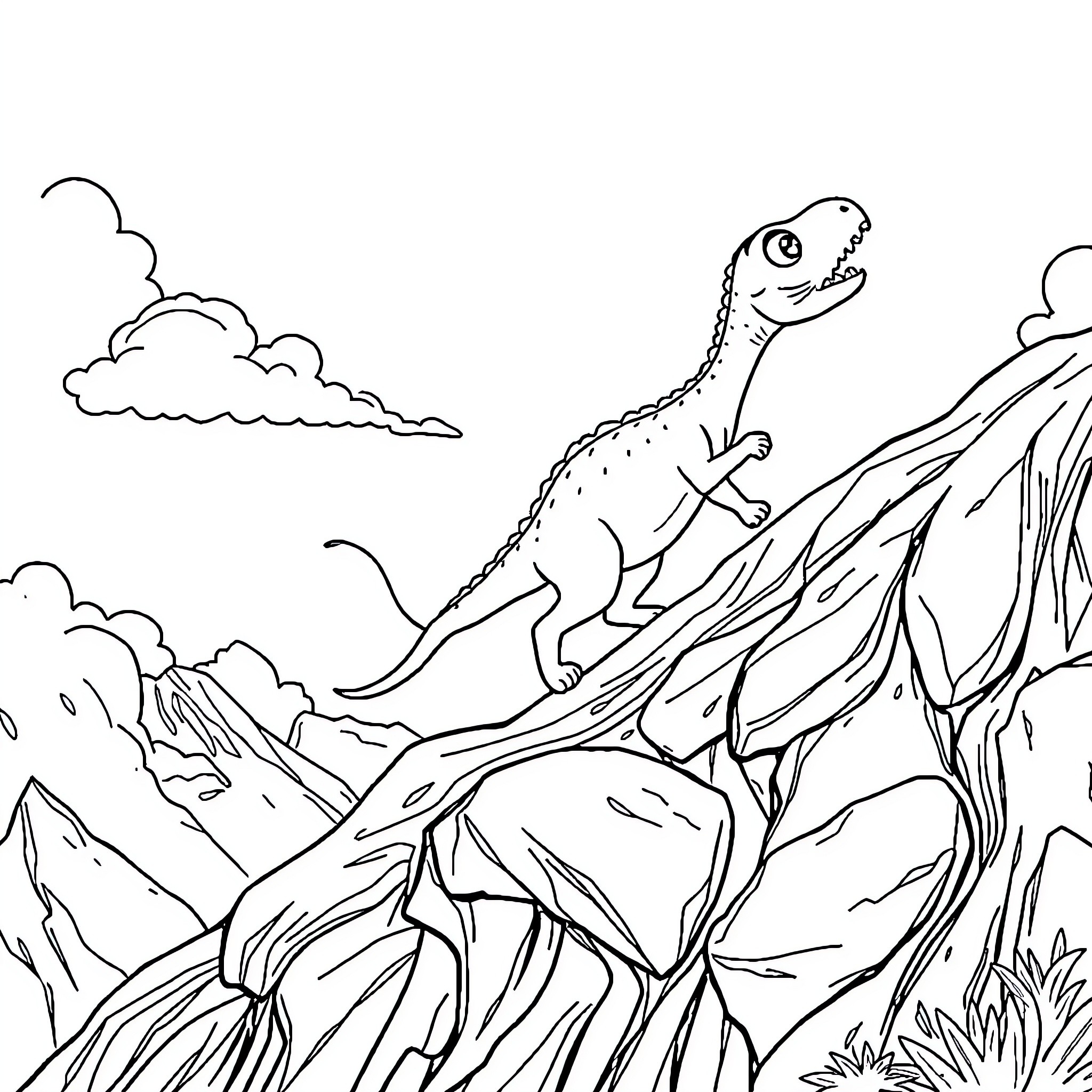 Cat climbing rocky terrain Coloring Page (free black-and-white line drawing printable PDF for all, from beginners to advanced learners, including children, teens, adults, and seniors)