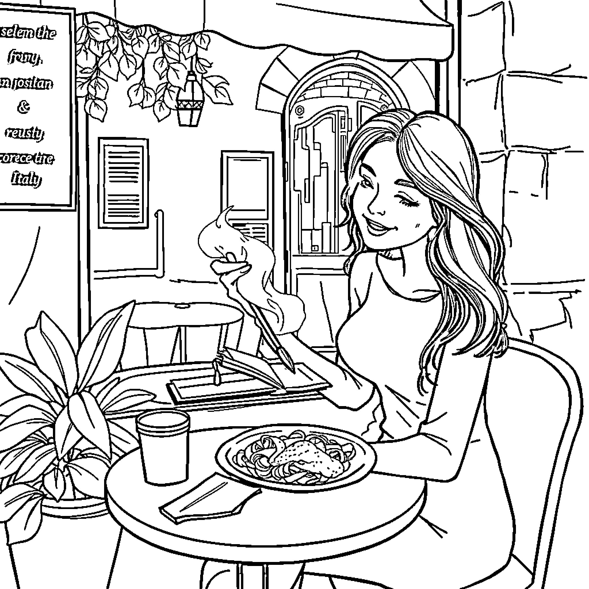 Woman enjoying a meal in a cozy cafe Coloring Page (free black-and-white line drawing printable PDF for all, from beginners to advanced learners, including children, teens, adults, and seniors)