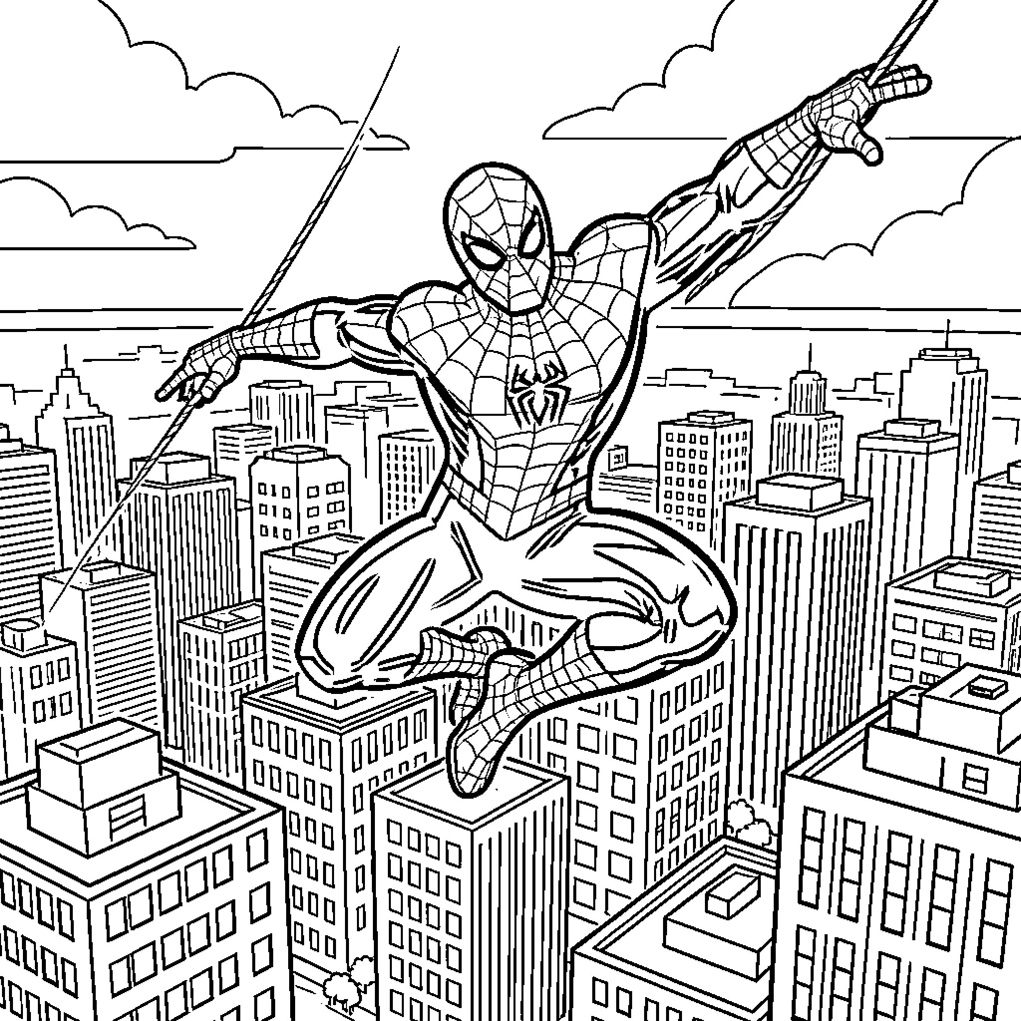 Spiderman swinging through the cityscape Coloring Page (free black-and-white line drawing printable PDF for all, from beginners to advanced learners, including children, teens, adults, and seniors)
