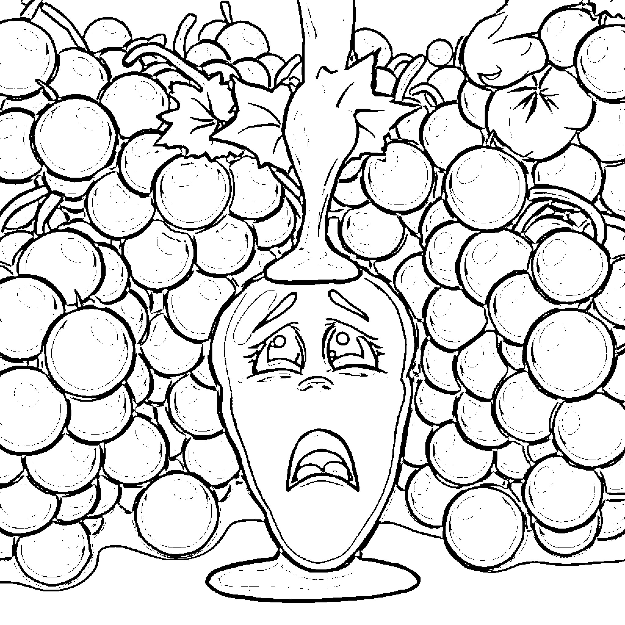 Grape bunch with a displeased character Coloring Page (free black-and-white line drawing printable PDF for all, from beginners to advanced learners, including children, teens, adults, and seniors)