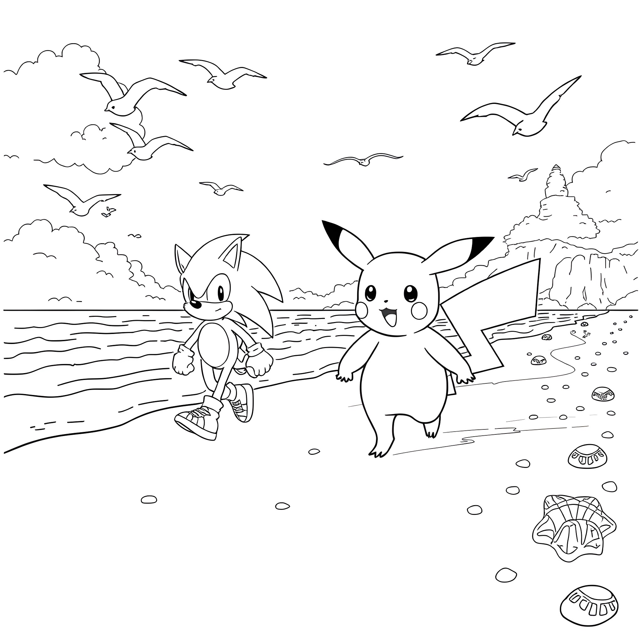 Pikachu and Sonic exploring the beach together Coloring Page (free black-and-white line drawing printable PDF for all, from beginners to advanced learners, including children, teens, adults, and seniors)