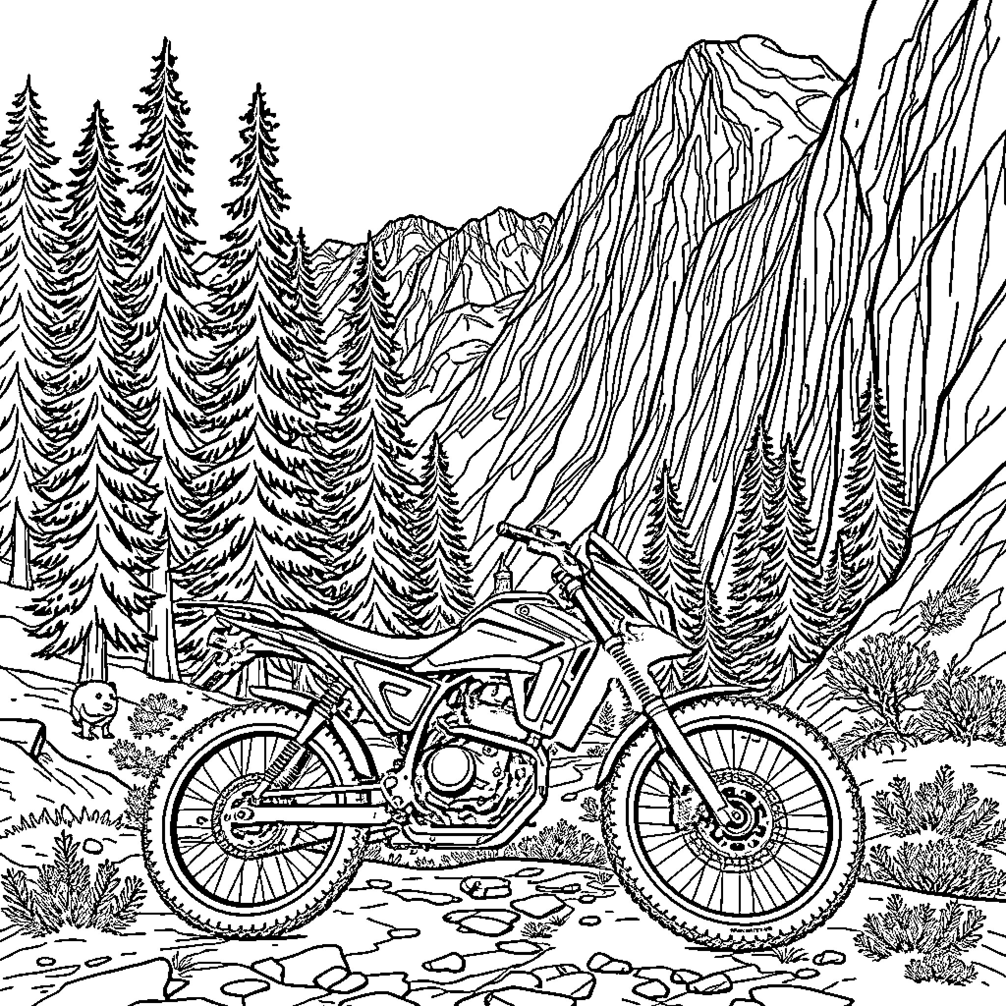 Bike Navigating Through Rugged Outdoor Landscape Coloring Page (free black-and-white line drawing printable PDF for all, from beginners to advanced learners, including children, teens, adults, and seniors)