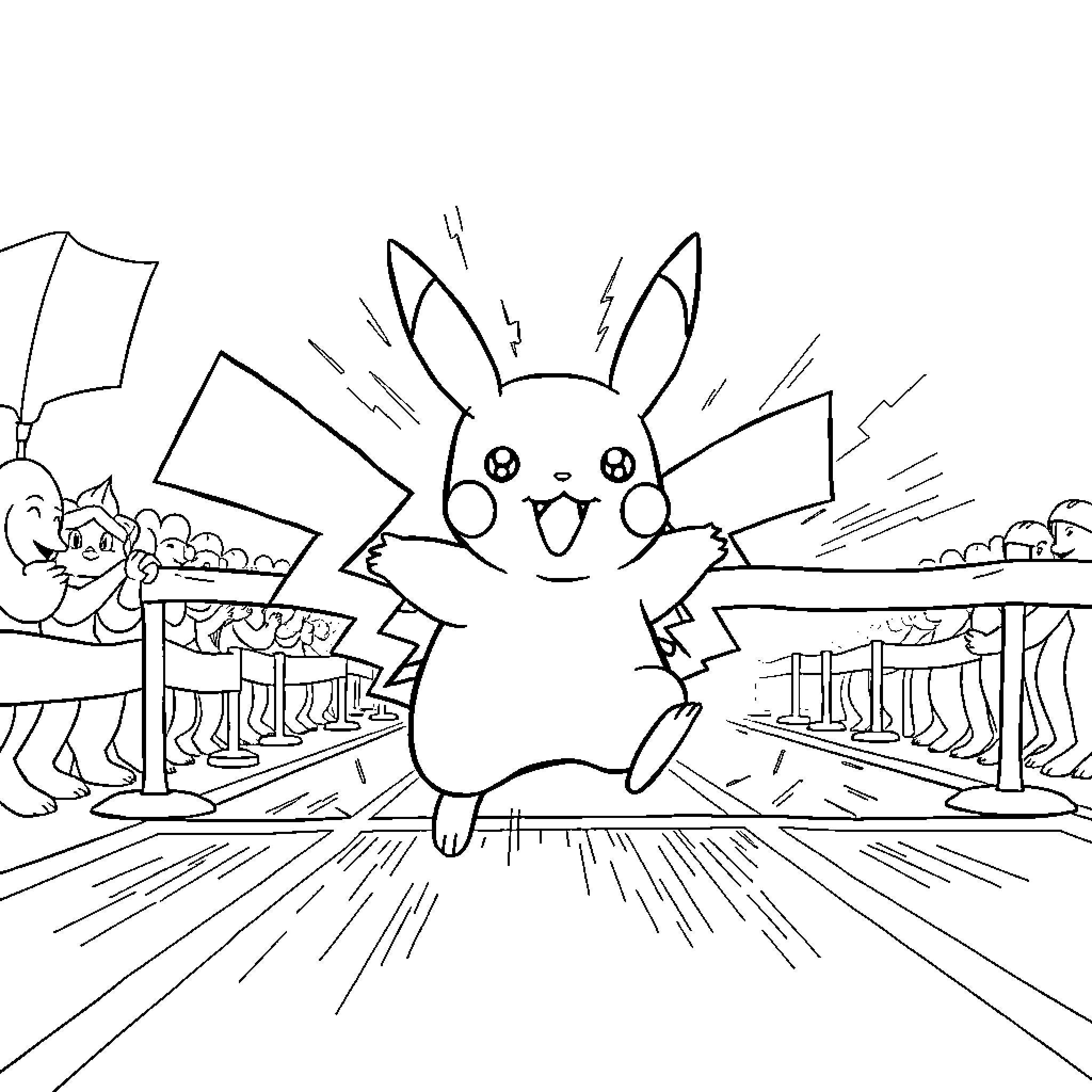 Pikachu exciting the crowd at the stadium Coloring Page (free black-and-white line drawing printable PDF for all, from beginners to advanced learners, including children, teens, adults, and seniors)