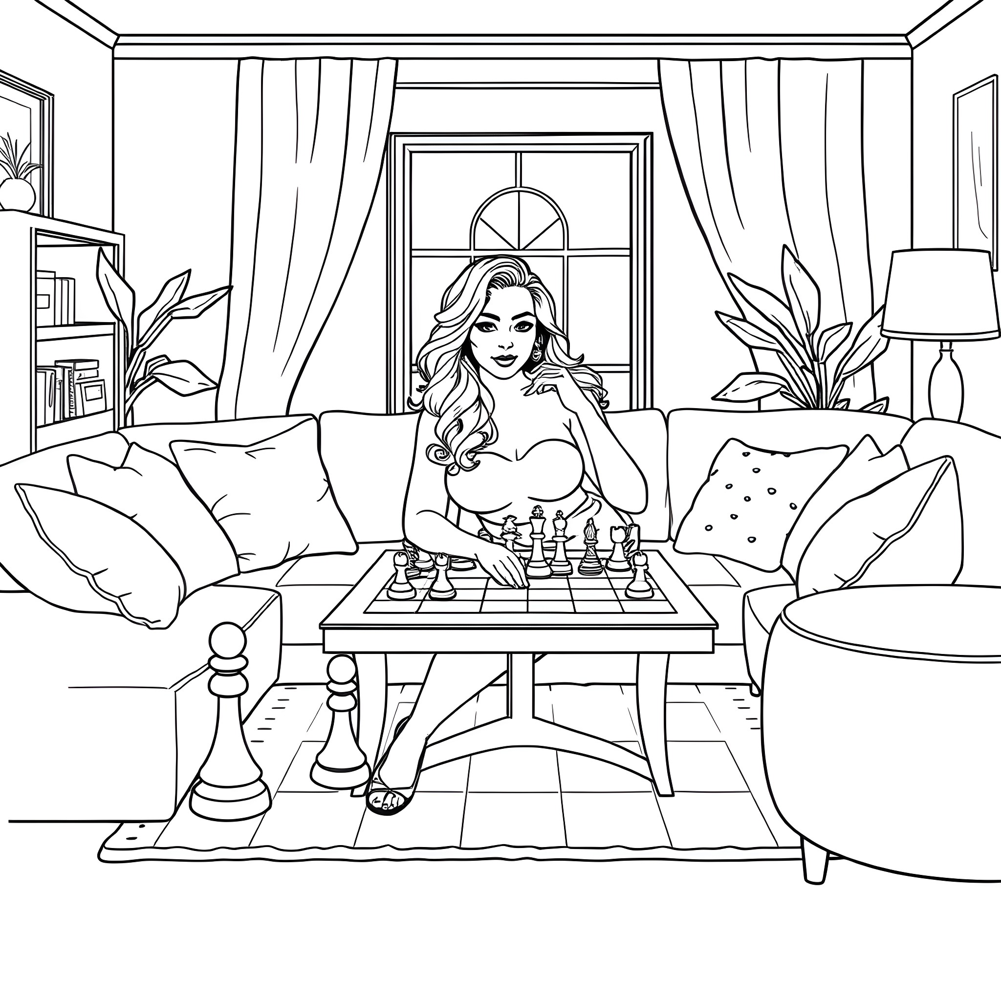 Wife enjoying a game of chess in her cozy living room Coloring Page (free black-and-white line drawing printable PDF for all, from beginners to advanced learners, including children, teens, adults, and seniors)