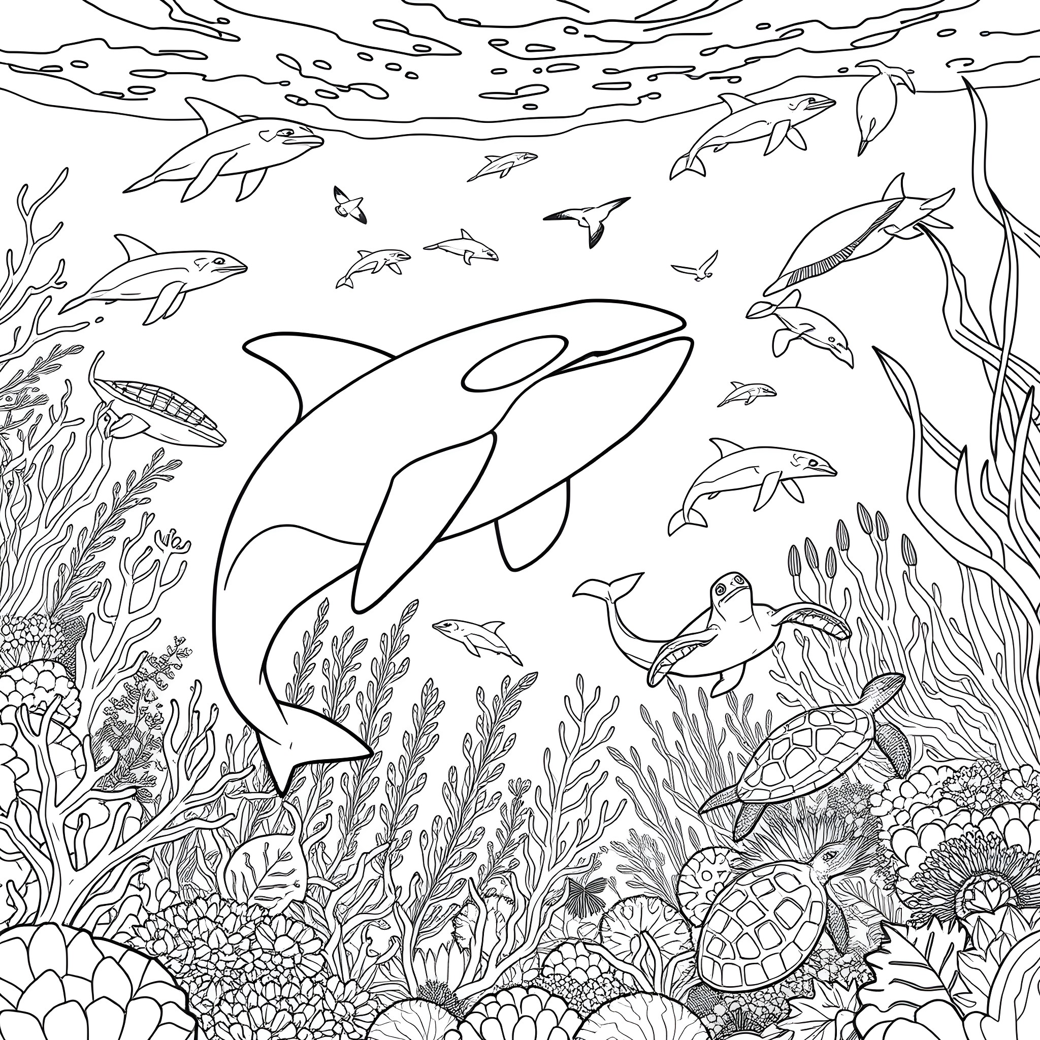 Orca swimming amidst vibrant marine life Coloring Page (free black-and-white line drawing printable PDF for all, from beginners to advanced learners, including children, teens, adults, and seniors)