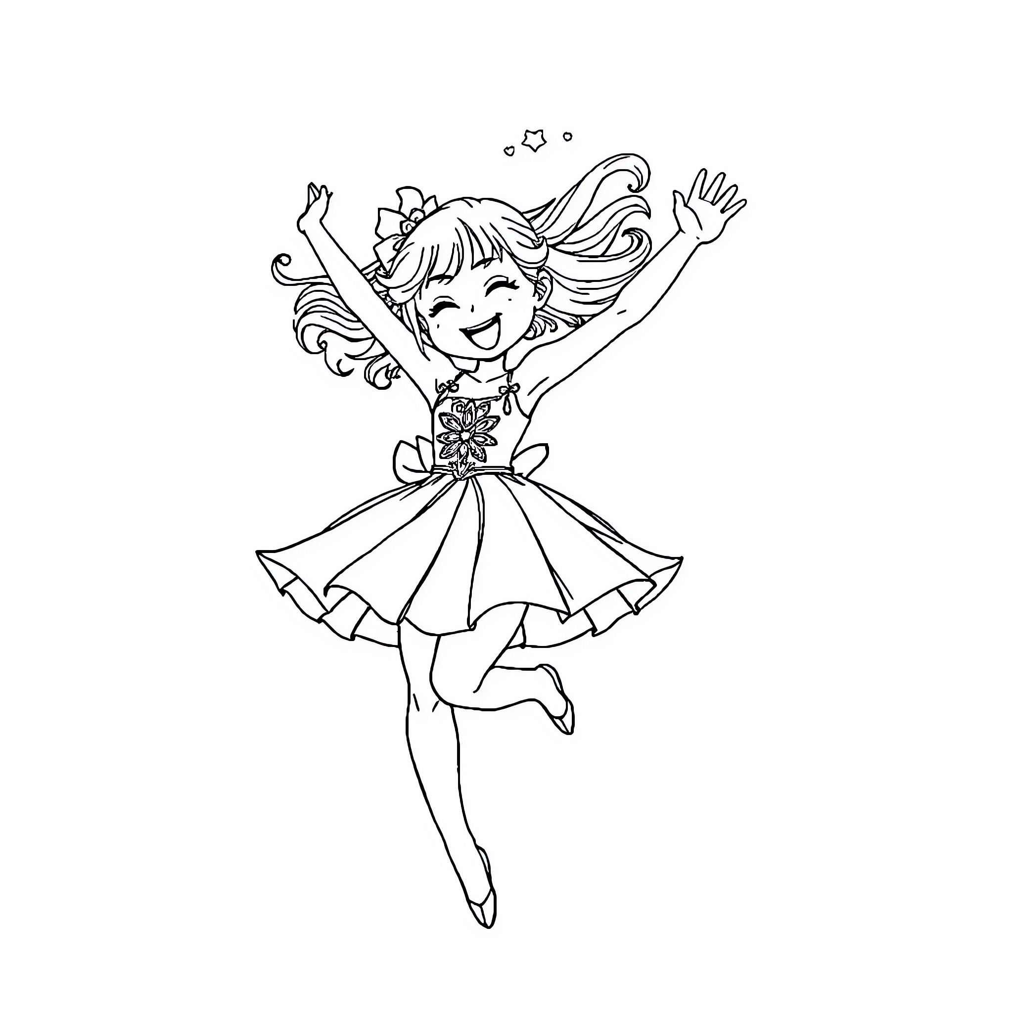 Gaku's Joyful Dance in Colorful Dress Coloring Page (free black-and-white line drawing printable PDF for all, from beginners to advanced learners, including children, teens, adults, and seniors)