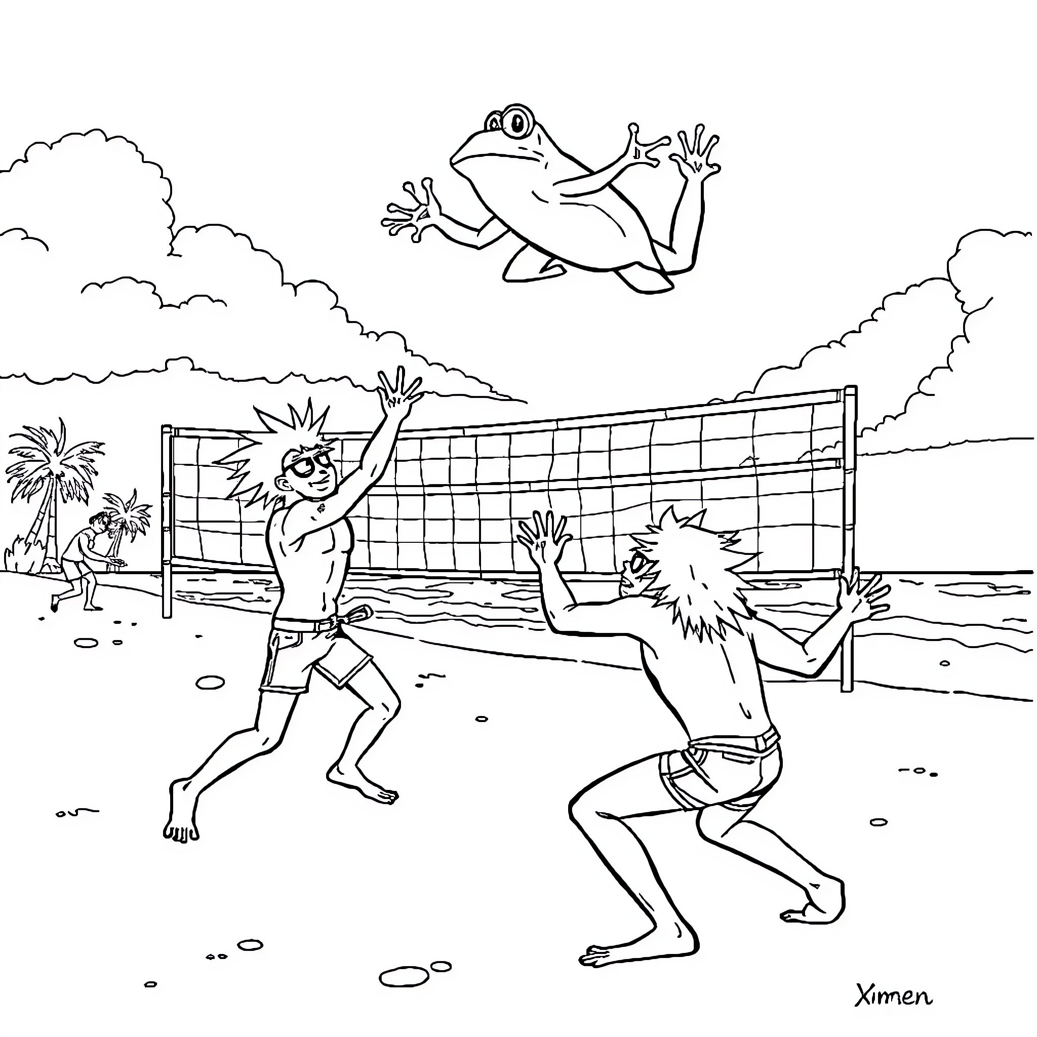 Xmen playing beach volleyball on a sunny day Coloring Page (free black-and-white line drawing printable PDF for all, from beginners to advanced learners, including children, teens, adults, and seniors)