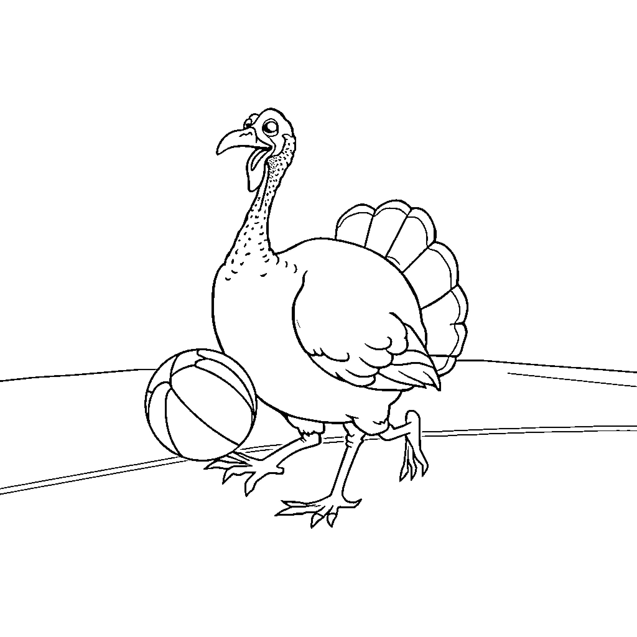 Turkey playing with a ball on the field Coloring Page (free black-and-white line drawing printable PDF for all, from beginners to advanced learners, including children, teens, adults, and seniors)