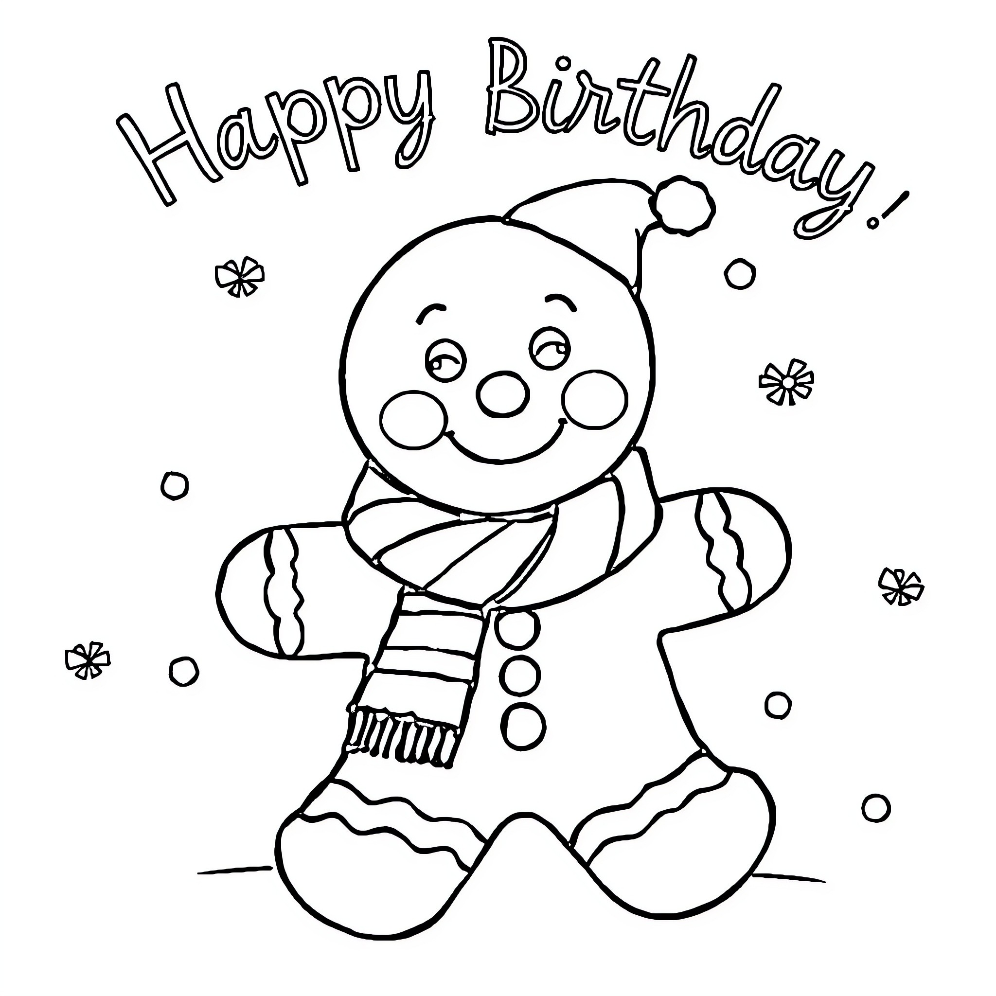Gingerbread Man celebrating a Happy Birthday Coloring Page (free black-and-white line drawing printable PDF for all, from beginners to advanced learners, including children, teens, adults, and seniors)