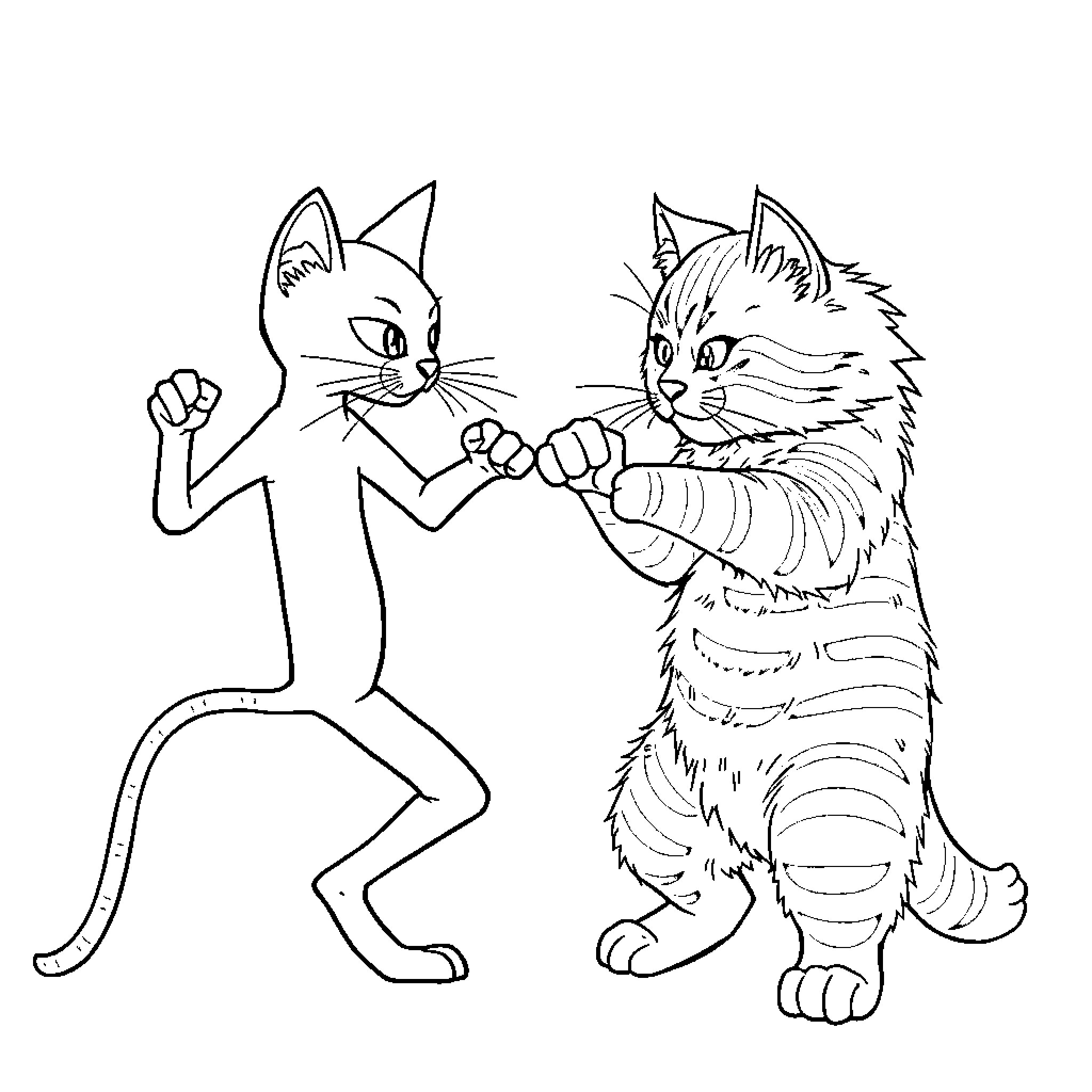 Cats playing and wrestling together Coloring Page (free black-and-white line drawing printable PDF for all, from beginners to advanced learners, including children, teens, adults, and seniors)