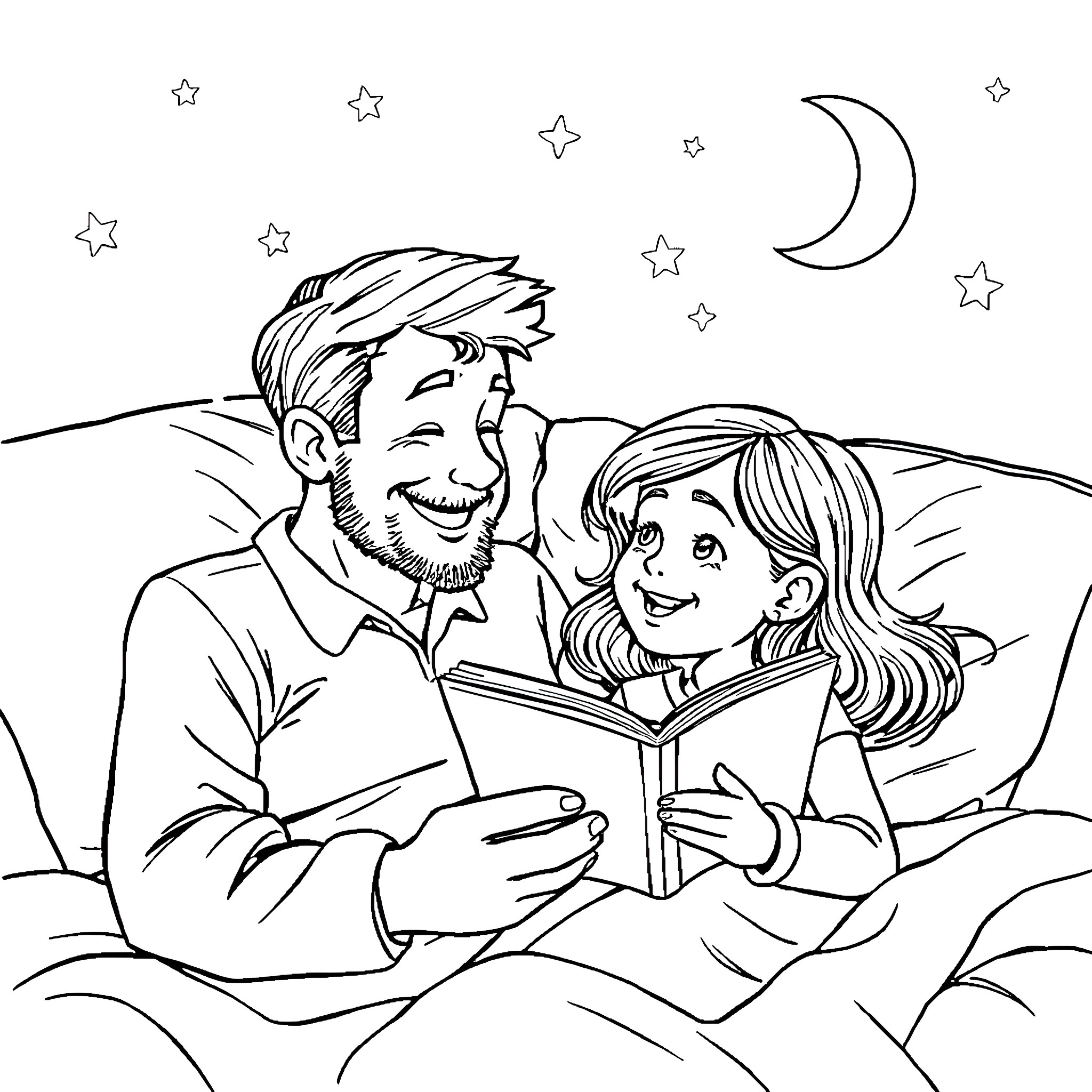 Daddy Reads a Bedtime Story to His Daughter Coloring Page (free black-and-white line drawing printable PDF for all, from beginners to advanced learners, including children, teens, adults, and seniors)