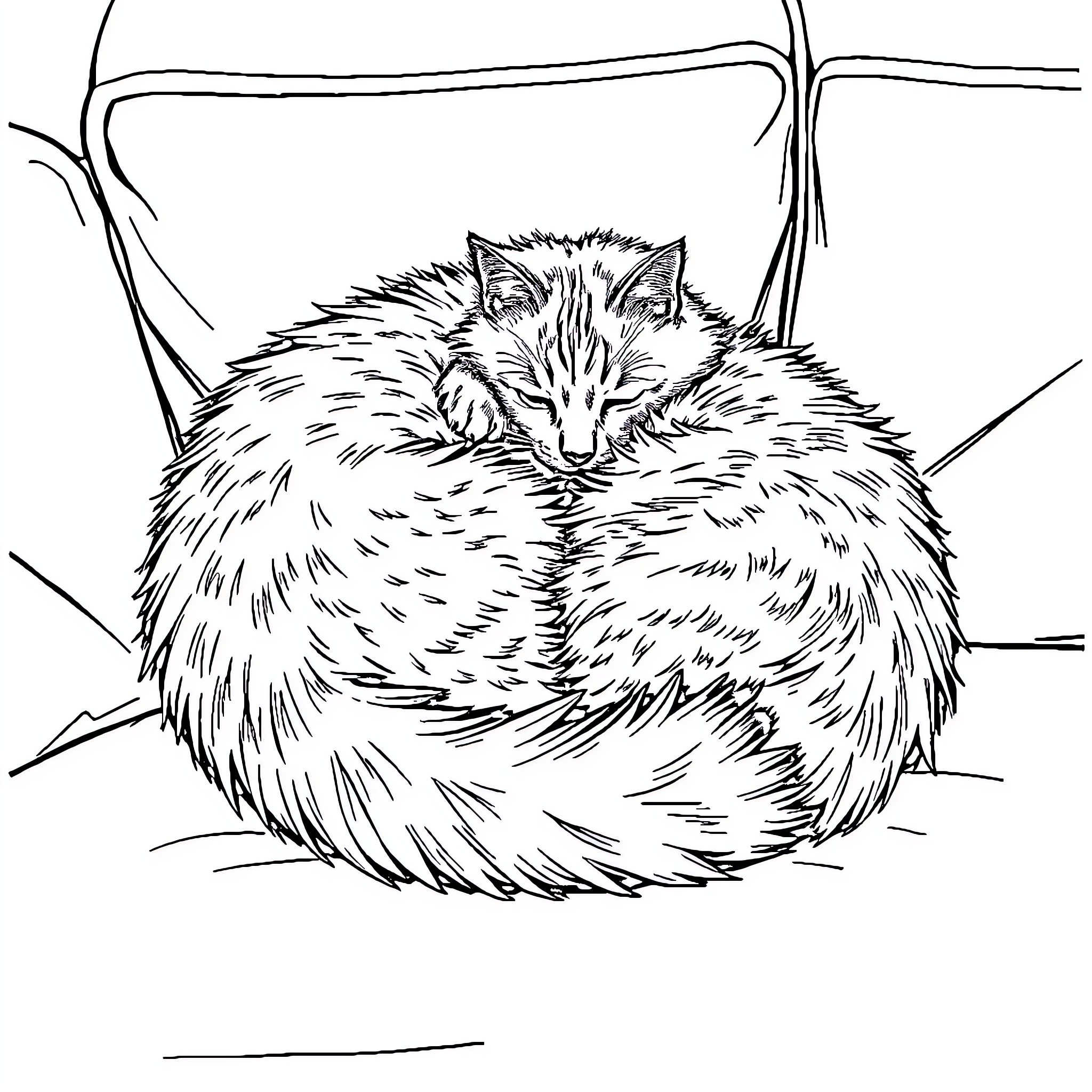 Cat curled up in a cozy nest Coloring Page (free black-and-white line drawing printable PDF for all, from beginners to advanced learners, including children, teens, adults, and seniors)