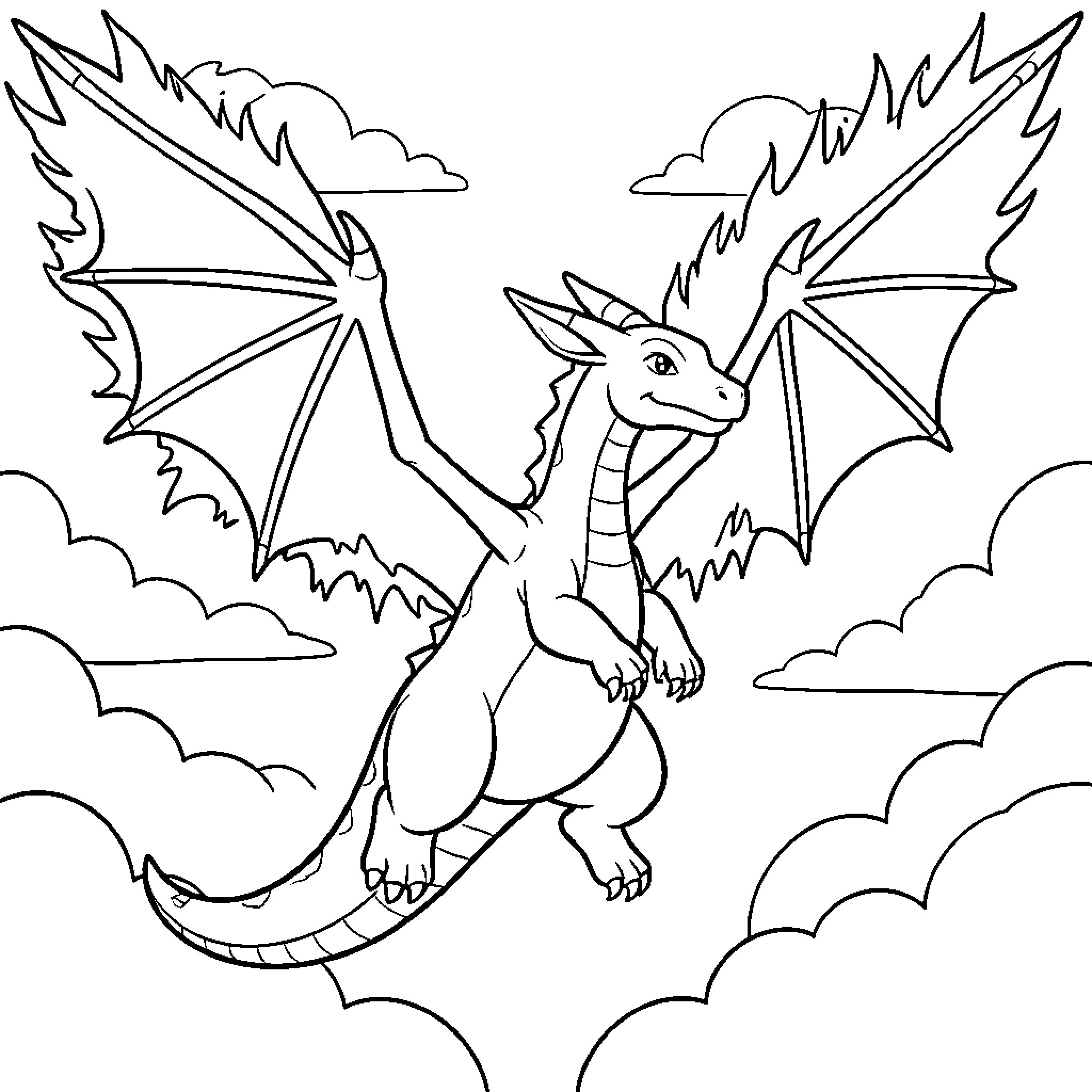 Charizard soaring through the cloudy skies Coloring Page (free black-and-white line drawing printable PDF for all, from beginners to advanced learners, including children, teens, adults, and seniors)