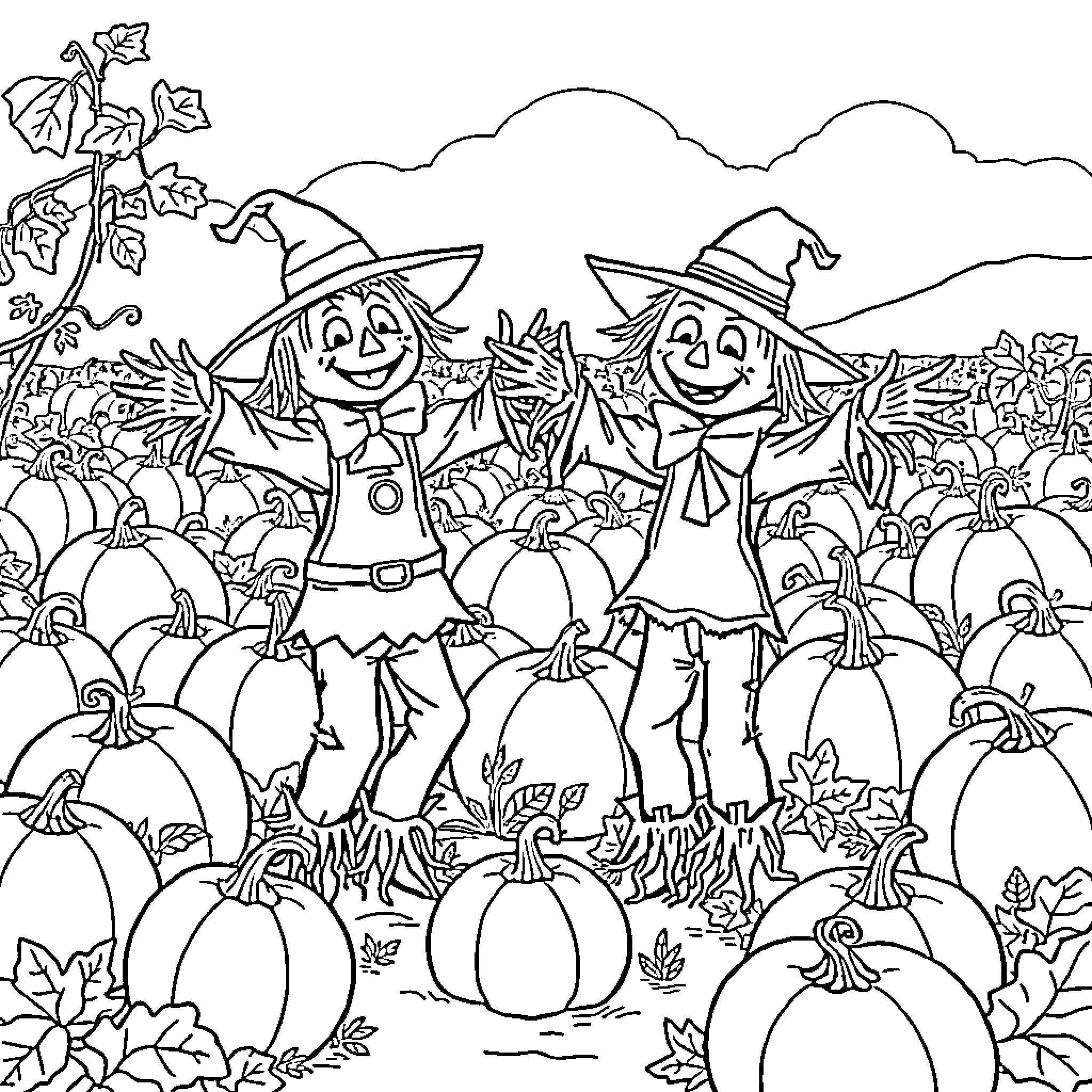 Scarecrows celebrating with pumpkins in the autumn field Coloring Page (free black-and-white line drawing printable PDF for all, from beginners to advanced learners, including children, teens, adults, and seniors)