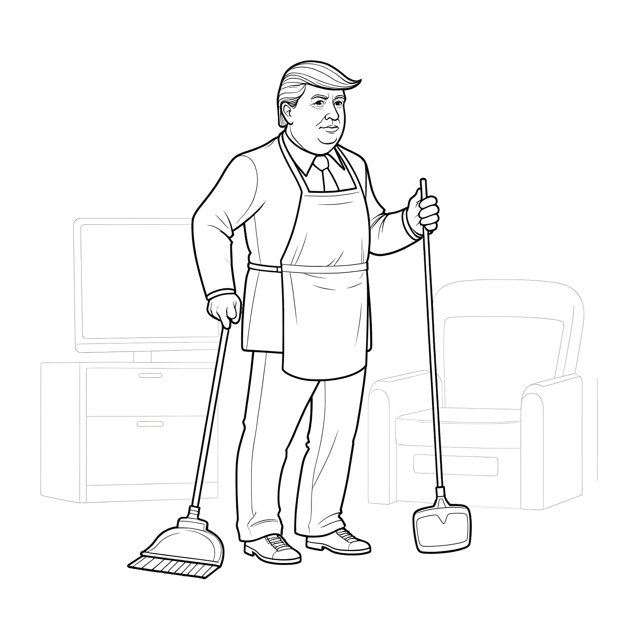 Trump cleaning up the mess Coloring Page (free black-and-white line drawing printable PDF for all, from beginners to advanced learners, including children, teens, adults, and seniors)