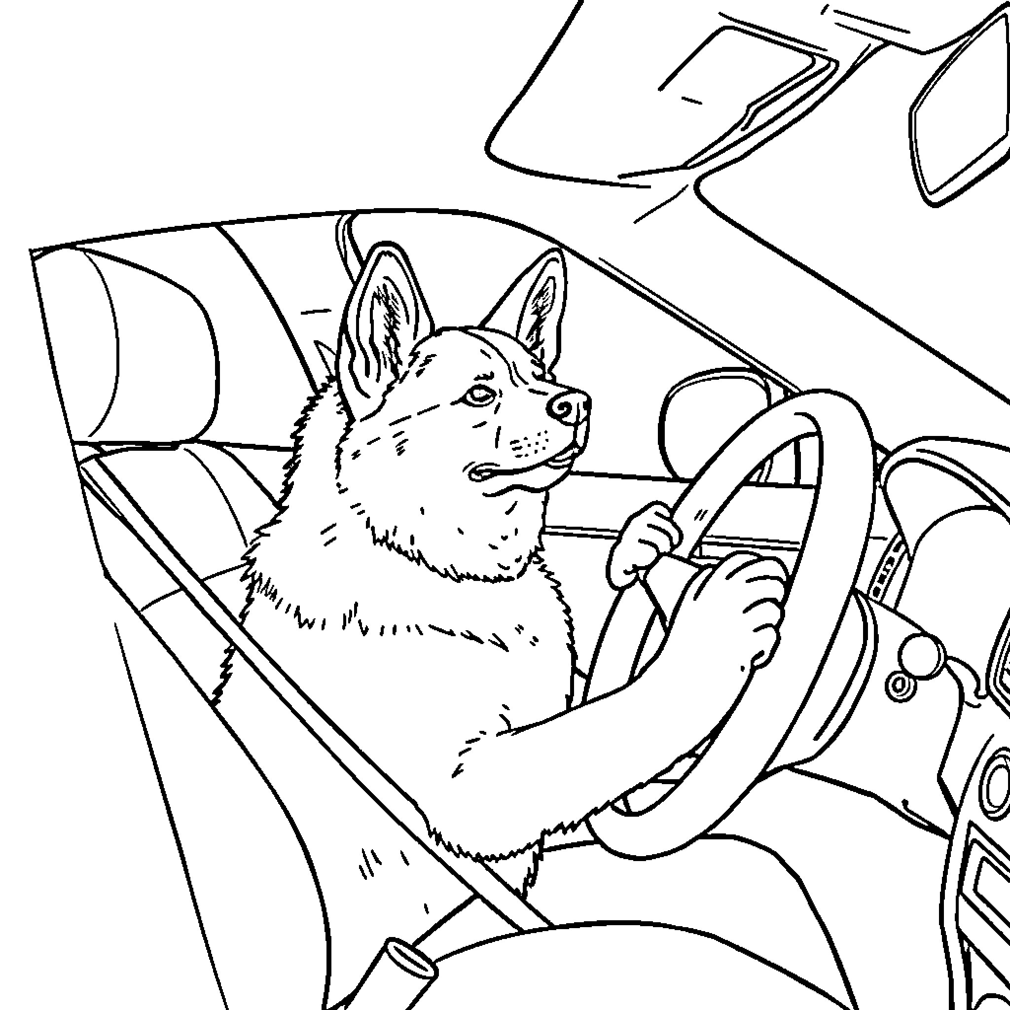 Akita driving a car Coloring Page (free black-and-white line drawing printable PDF for all, from beginners to advanced learners, including children, teens, adults, and seniors)