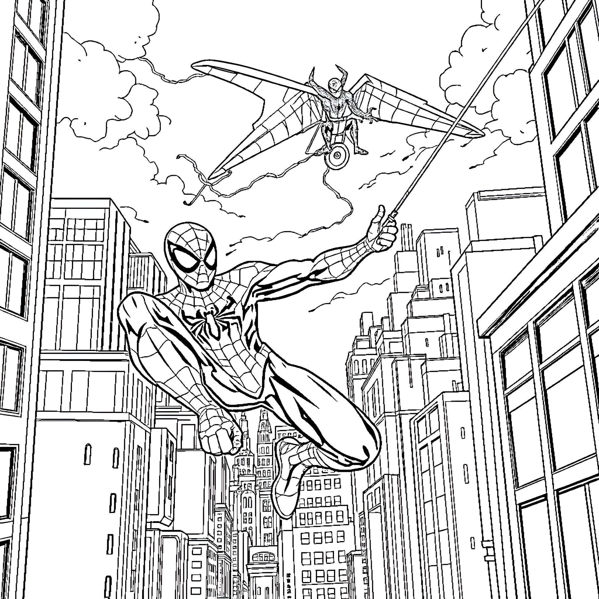 Spider-Man swinging through the city with an ally Coloring Page (free black-and-white line drawing printable PDF for all, from beginners to advanced learners, including children, teens, adults, and seniors)
