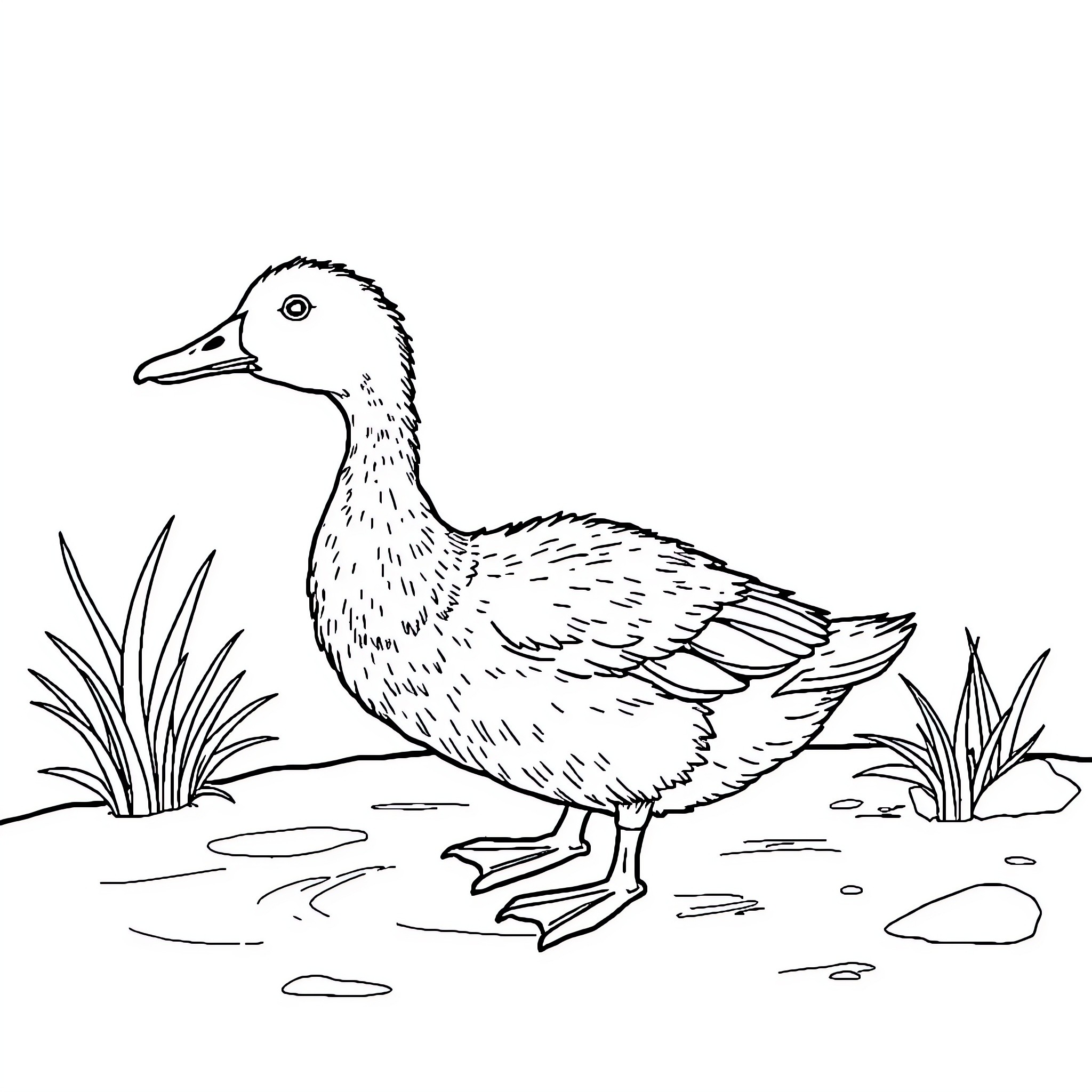 Duck wading through a pond surrounded by grass Coloring Page (free black-and-white line drawing printable PDF for all, from beginners to advanced learners, including children, teens, adults, and seniors)