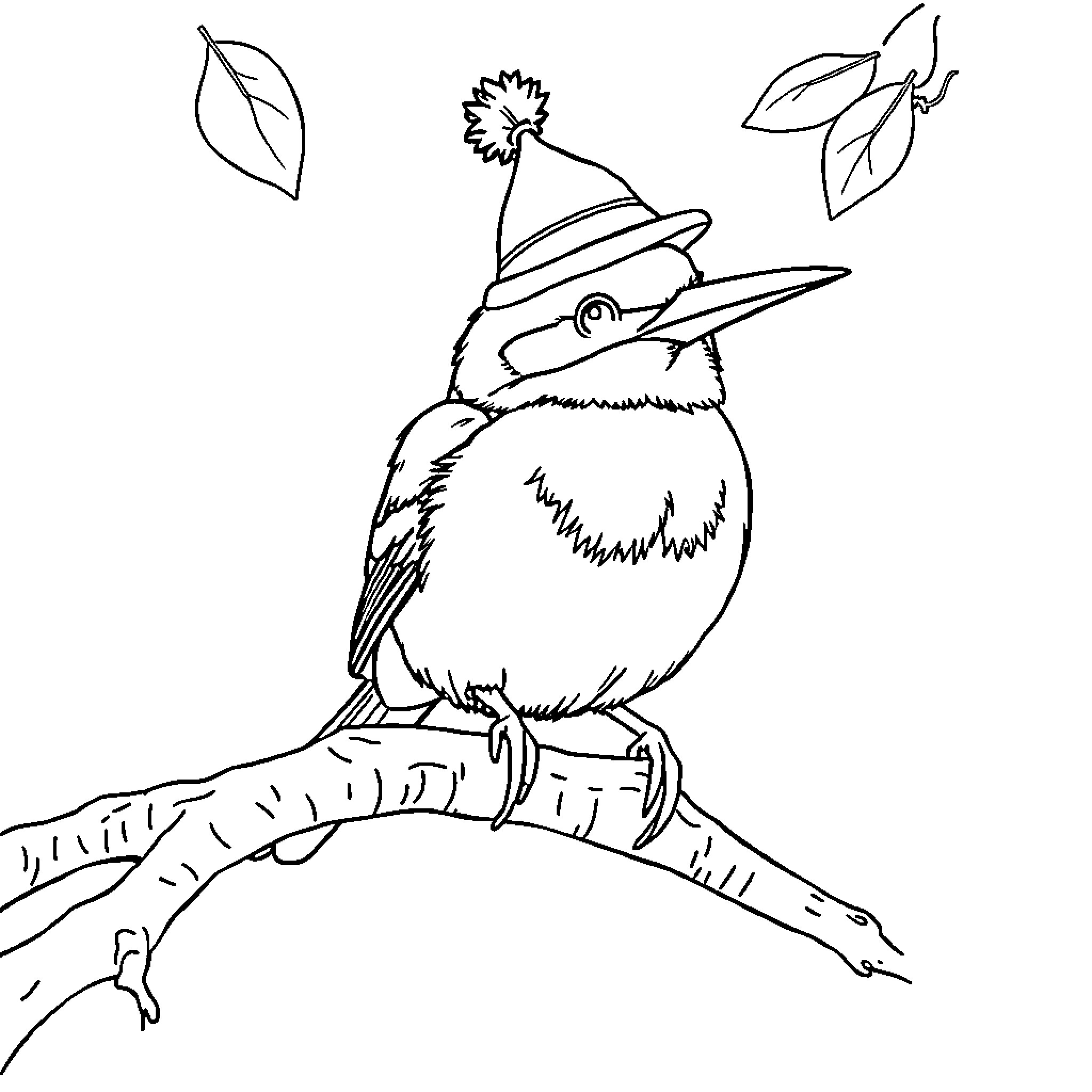 Bird wearing party hat on branch with leaves Coloring Page (free black-and-white line drawing printable PDF for all, from beginners to advanced learners, including children, teens, adults, and seniors)
