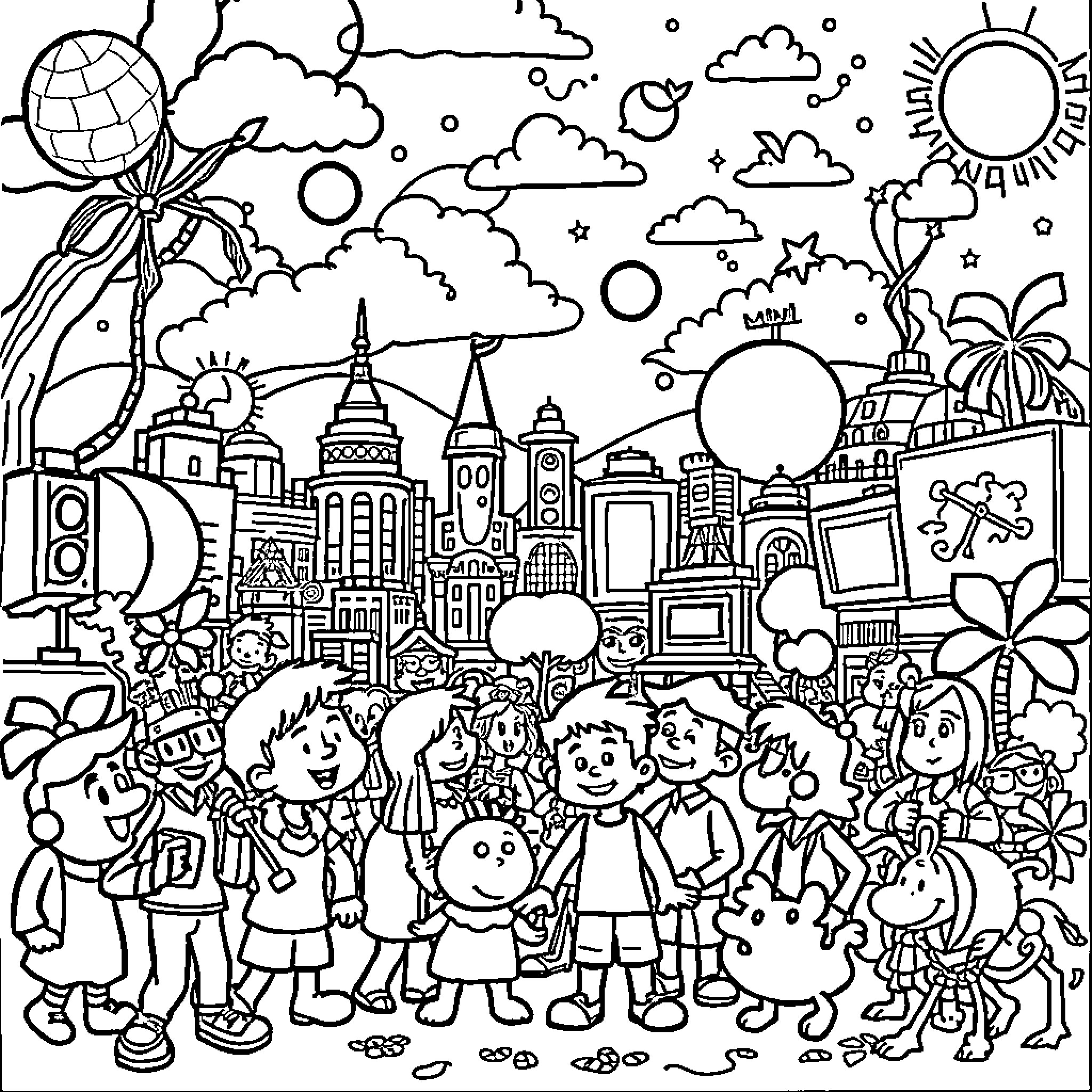 Cartoon of Lively City Scene with Diverse Characters Coloring Page (free black-and-white line drawing printable PDF for all, from beginners to advanced learners, including children, teens, adults, and seniors)