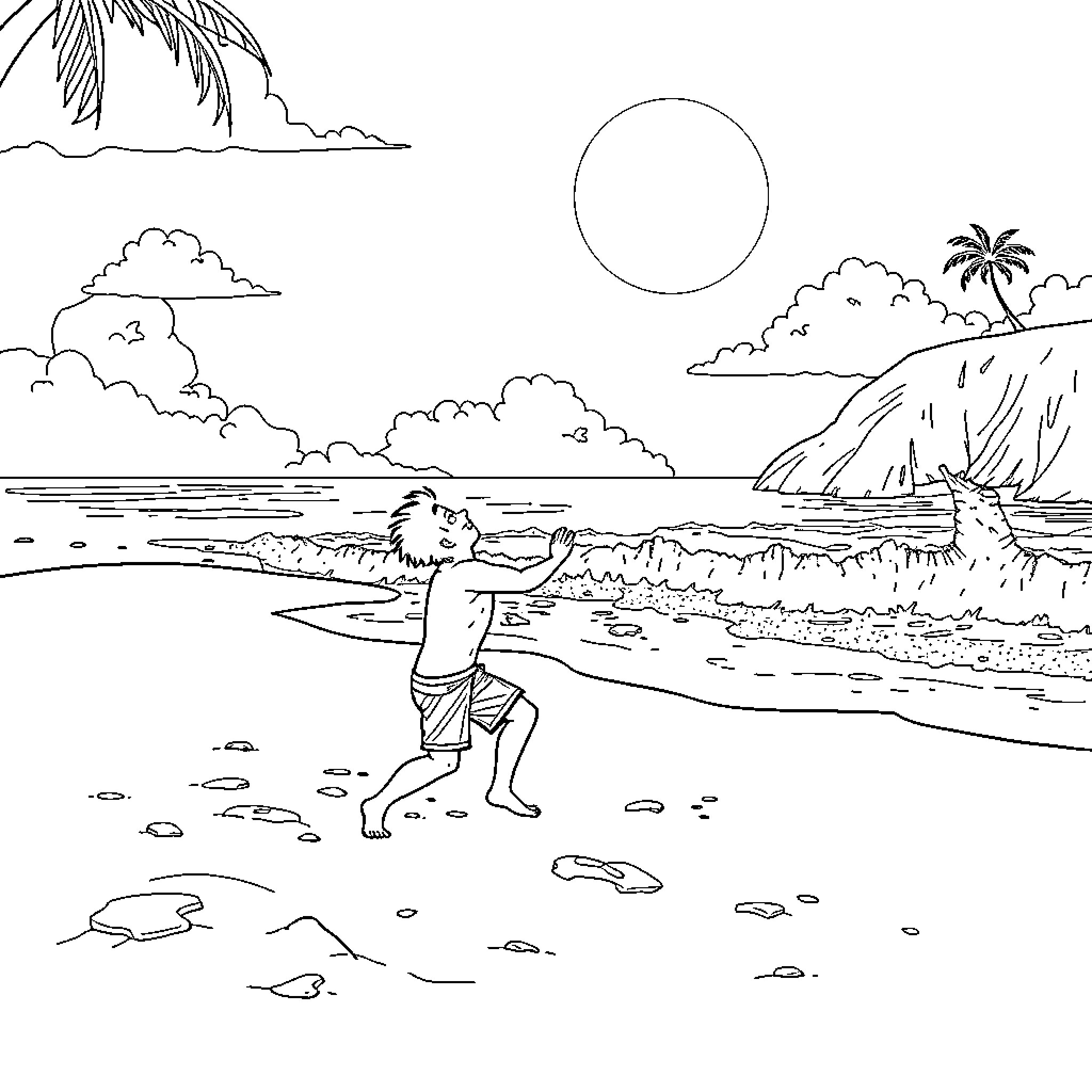 Stig enjoying a sunny day at the beach Coloring Page (free black-and-white line drawing printable PDF for all, from beginners to advanced learners, including children, teens, adults, and seniors)