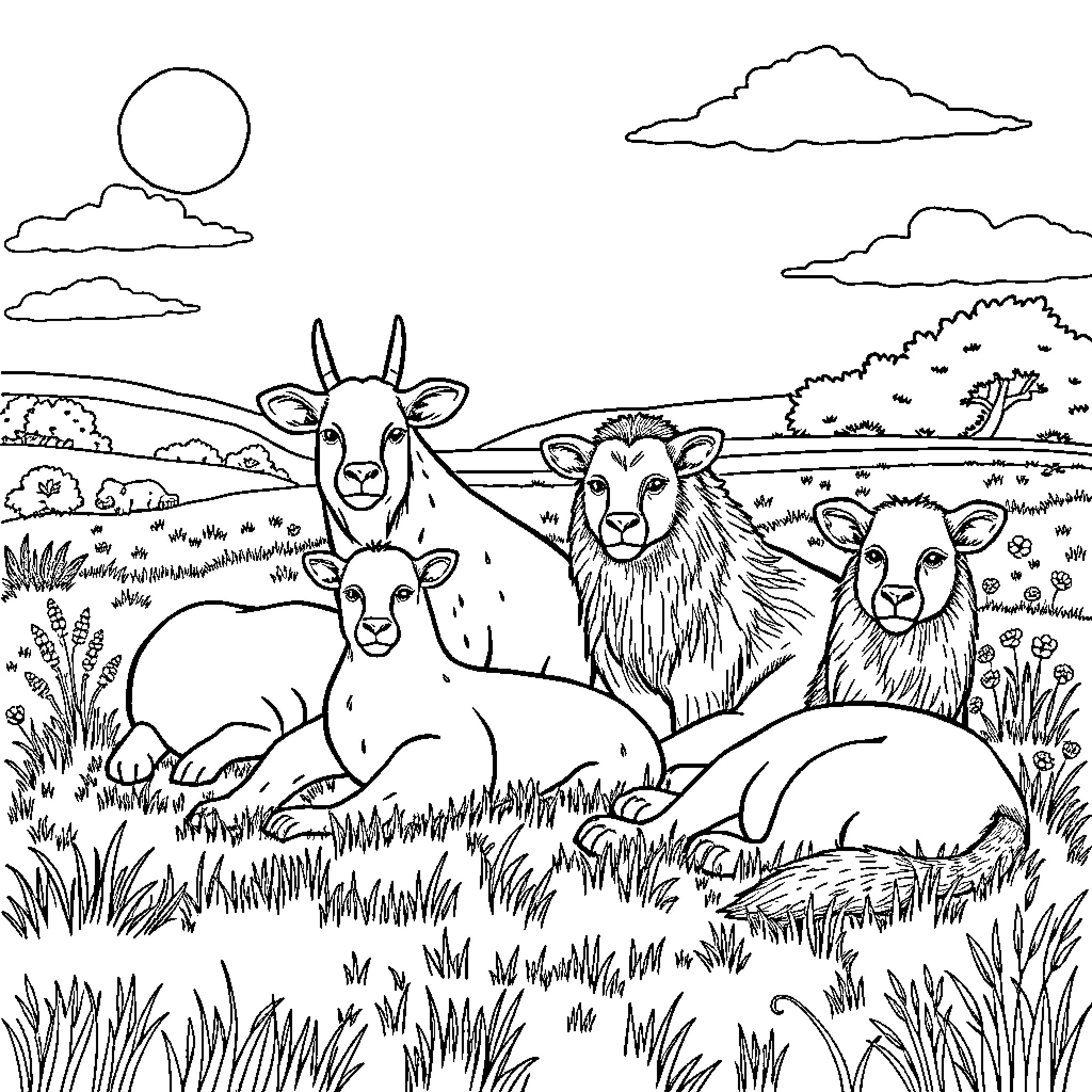 Animal herd enjoying peaceful meadow landscape Coloring Page (free black-and-white line drawing printable PDF for all, from beginners to advanced learners, including children, teens, adults, and seniors)
