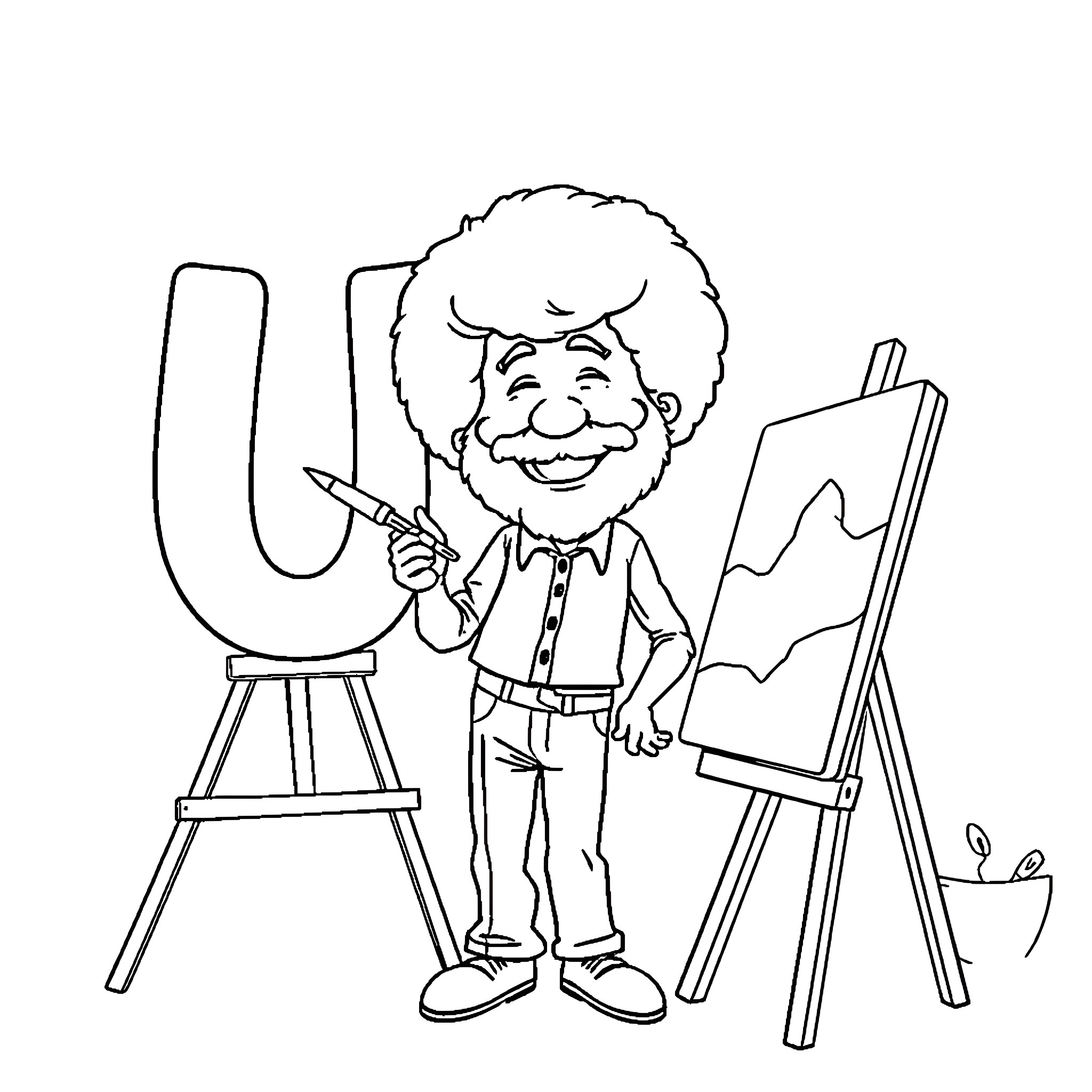 Bob Ross joyfully painting on canvas Coloring Page (free black-and-white line drawing printable PDF for all, from beginners to advanced learners, including children, teens, adults, and seniors)